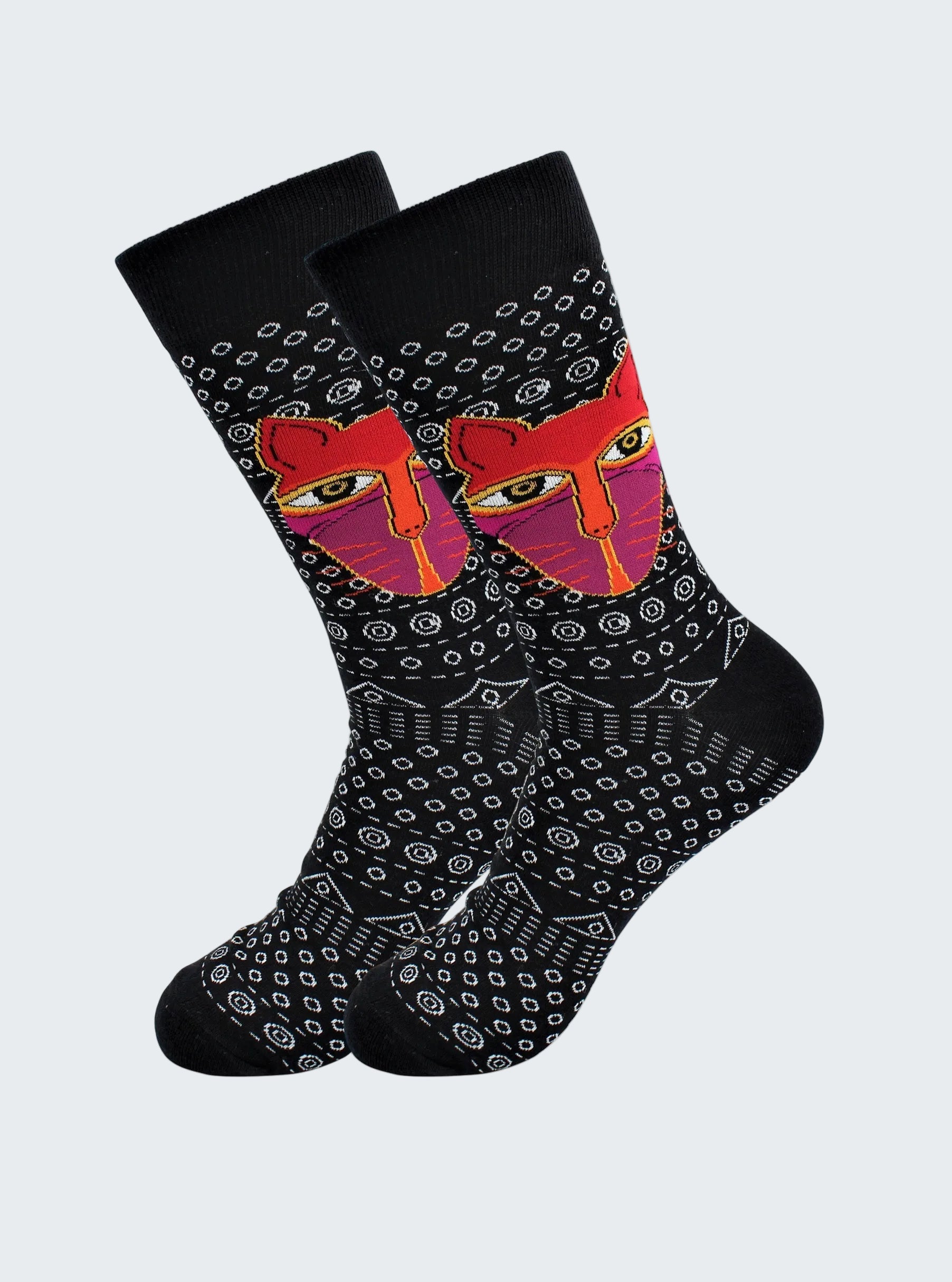 Pair of socks with a unique design on a white background
