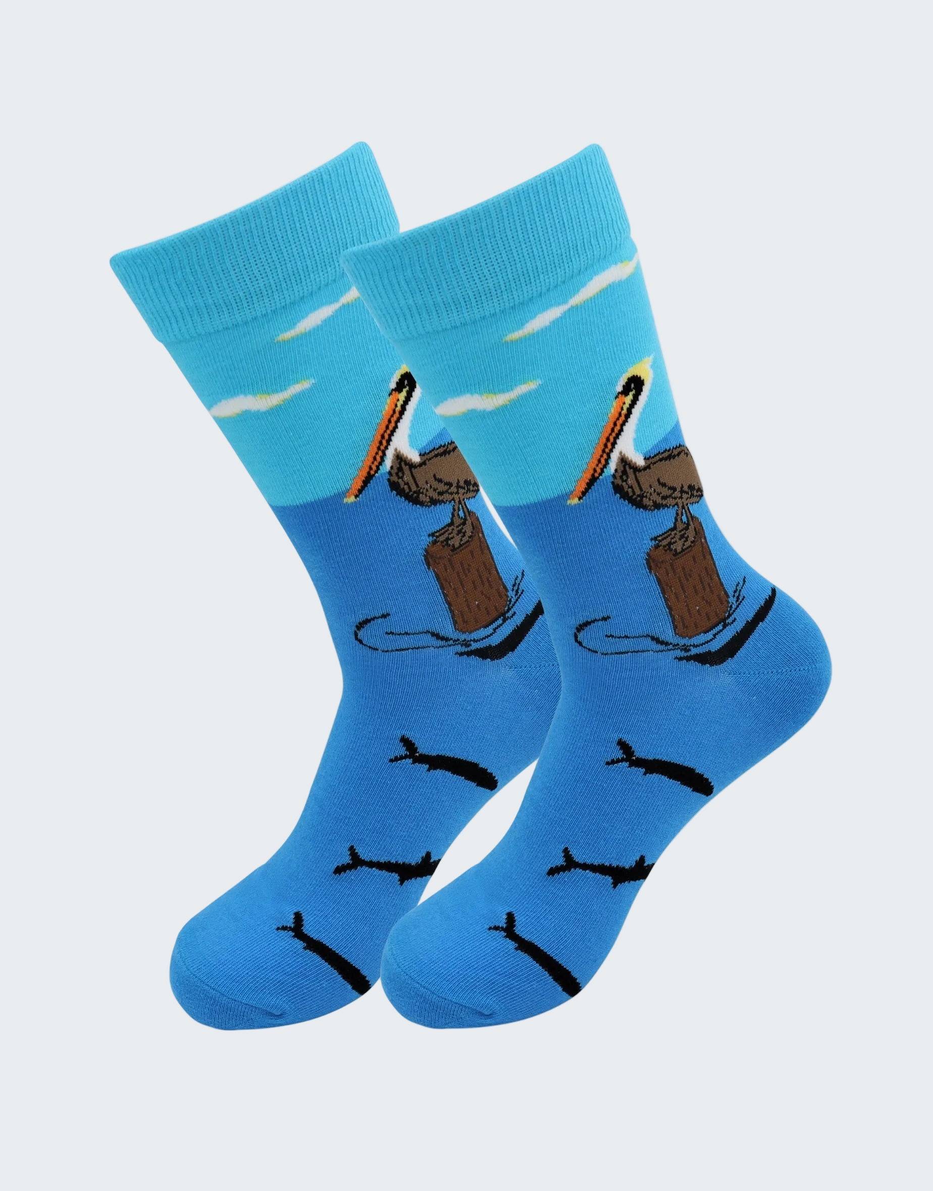 Blue socks with a design of a dog and a bone on a white background