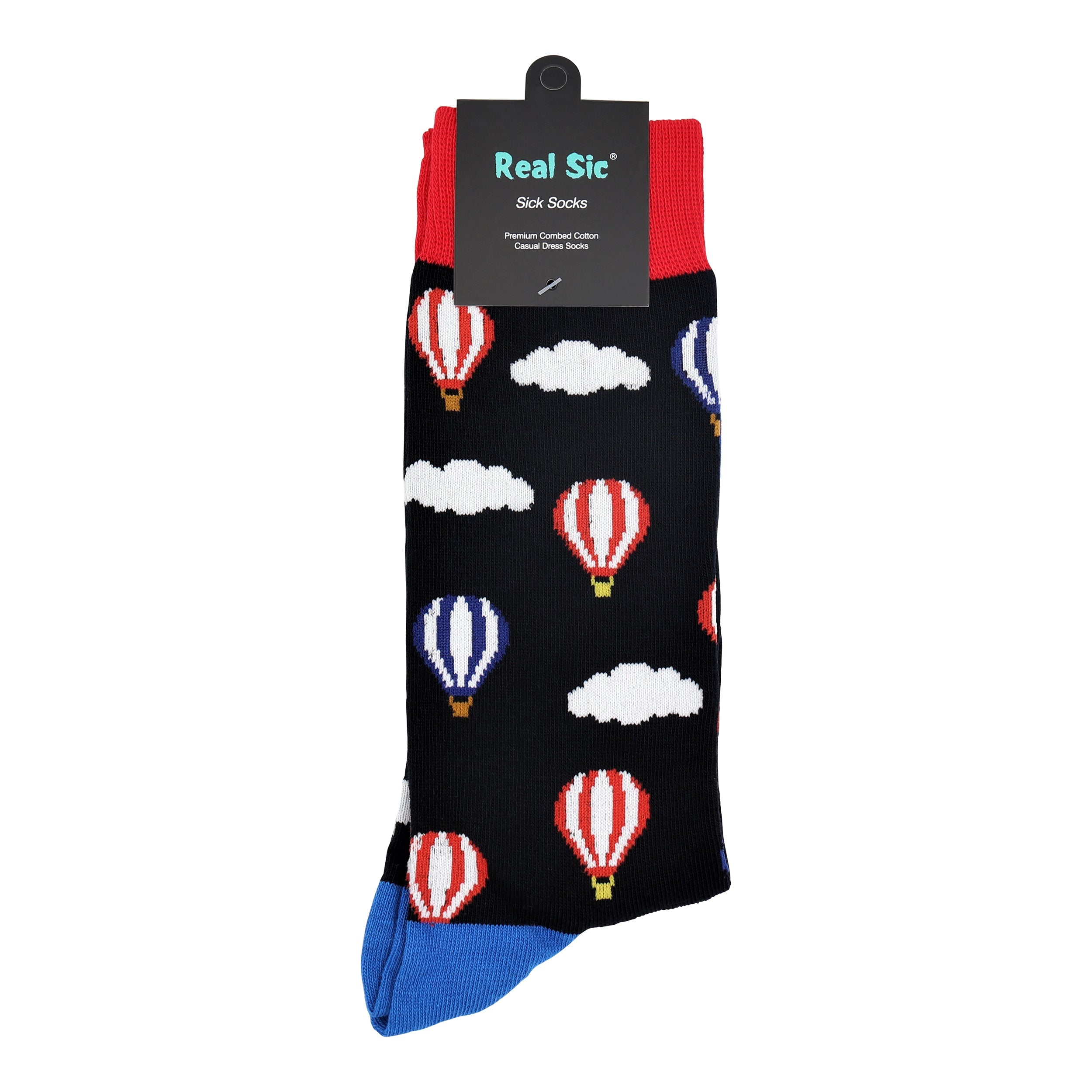 Pack of socks with hot air balloon and cloud pattern on a black background, brand 'Real Sic' visible.