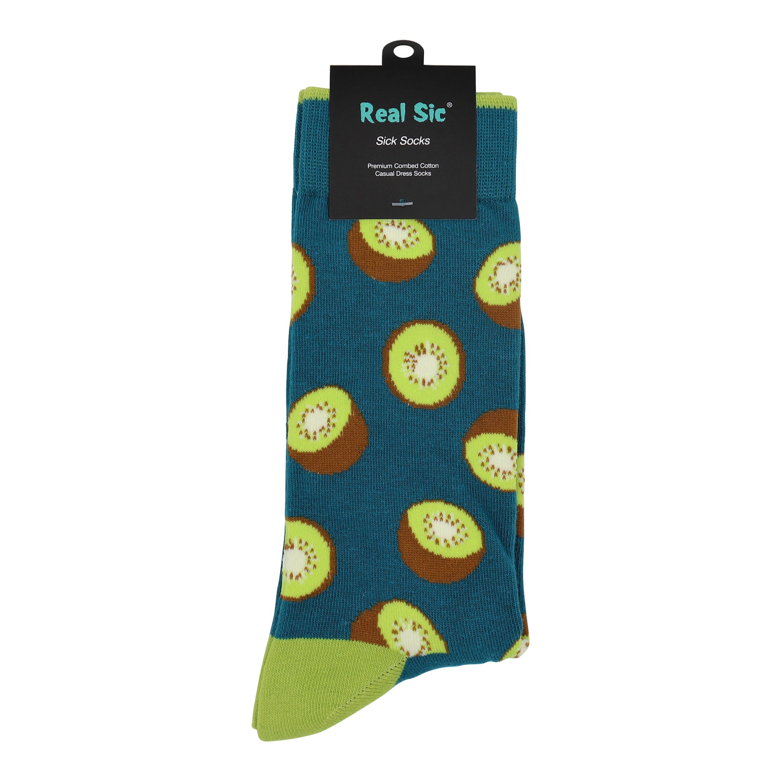 Blue sock with kiwi pattern and 'Real Sic' label on a white background