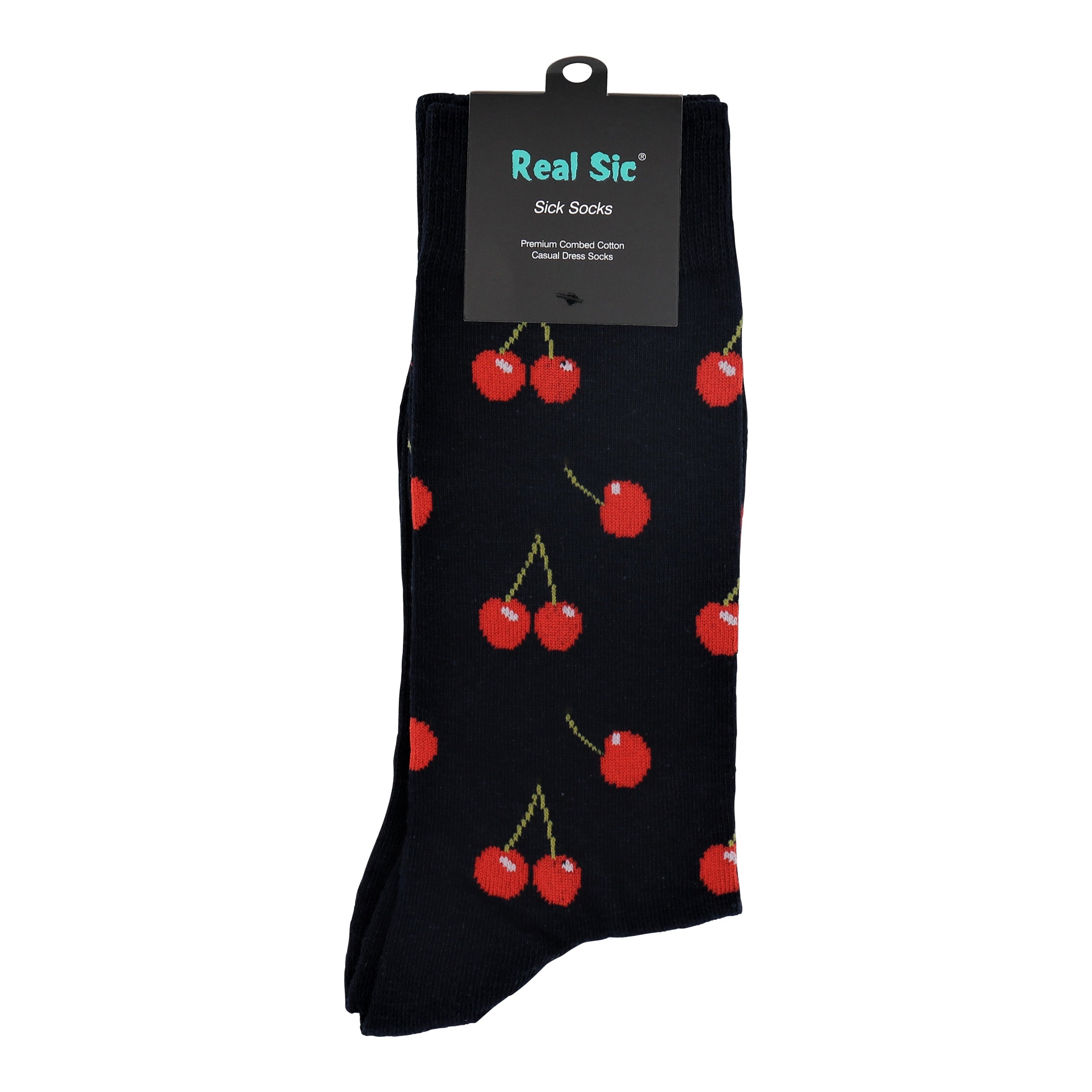 Black sock with red cherry pattern on a white background