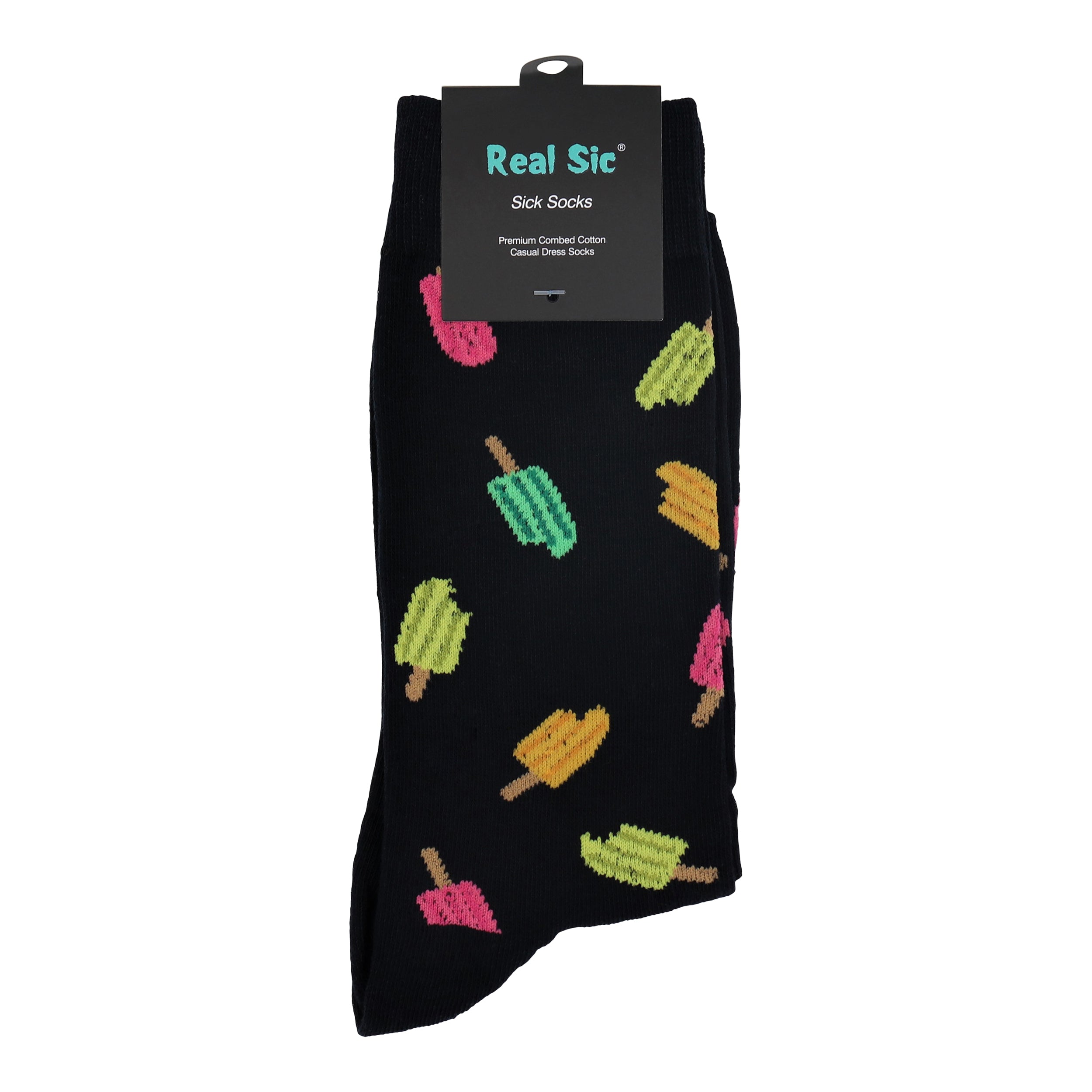 Black sock with colorful popsicle pattern and 'Real Sic' label on a white background