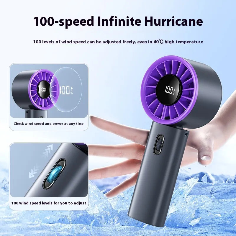Handheld hair dryer with purple accents and digital display, held by a hand against a light blue background.