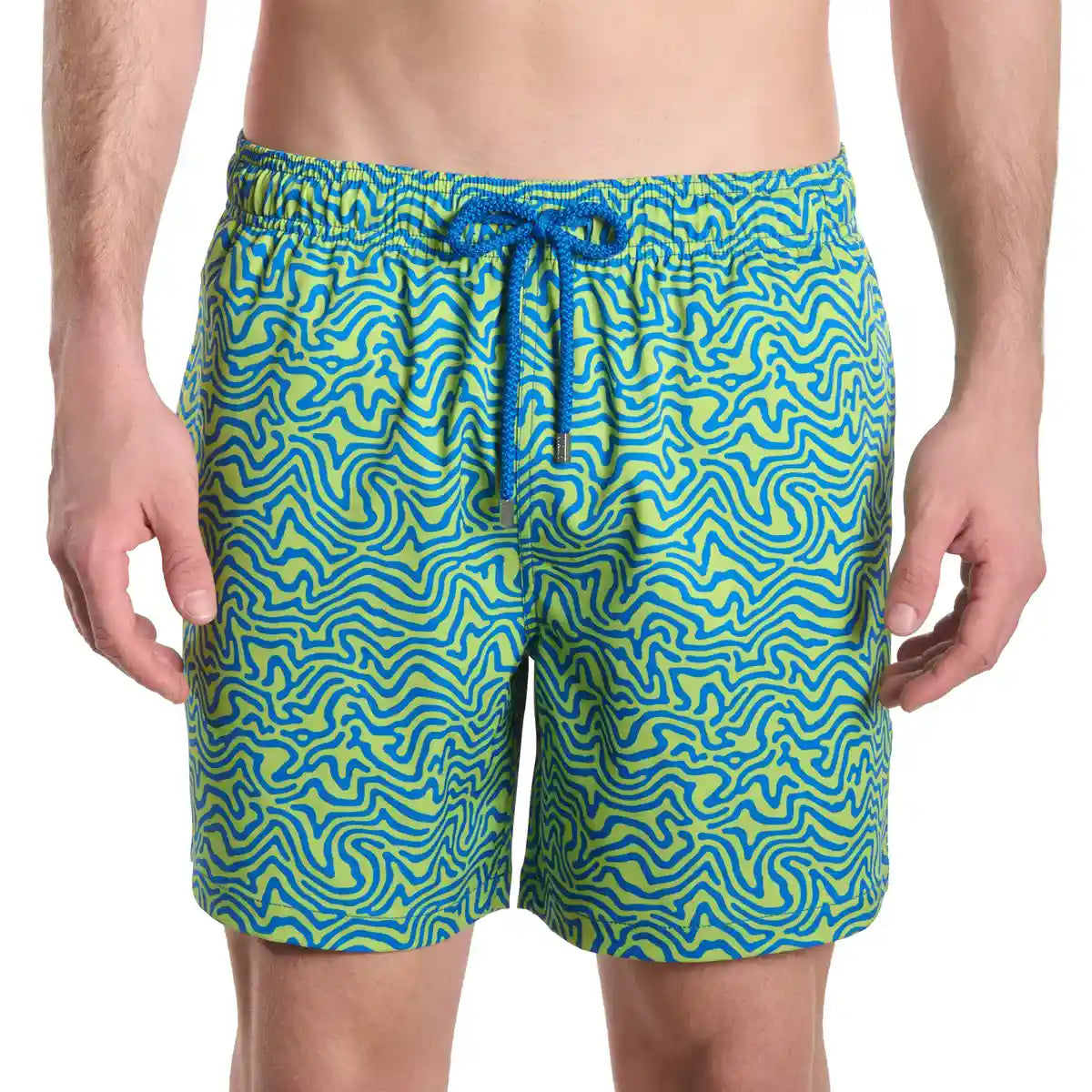 Blue and green patterned swim shorts on a white background