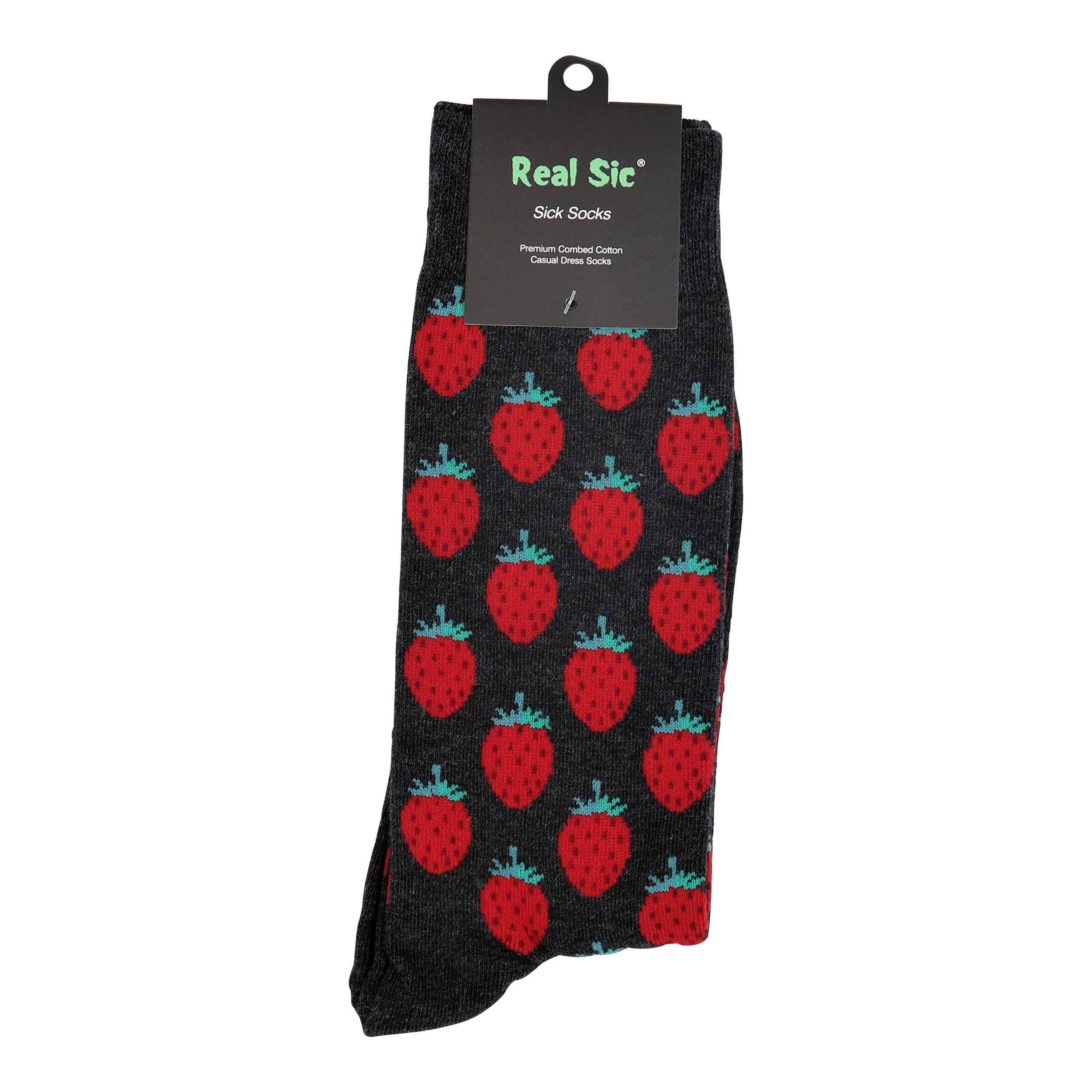 Black socks with red strawberry pattern on a white background