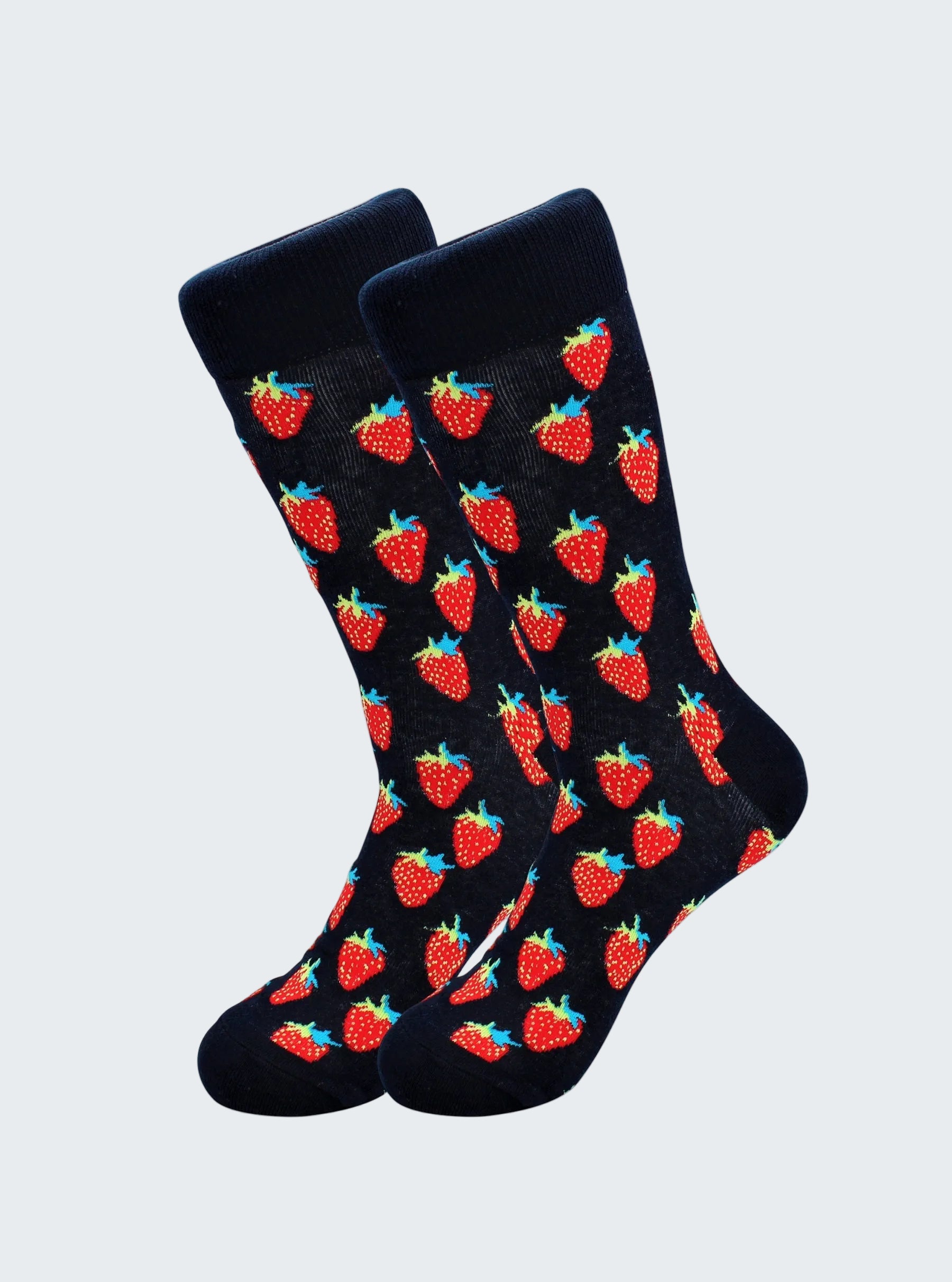 Black socks with red strawberry pattern on a white background
