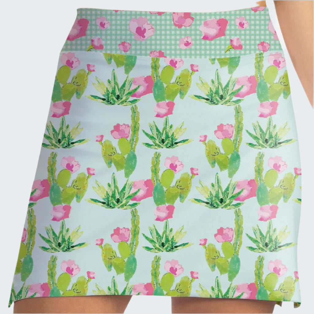 Skirt with cactus and flower pattern on a light blue background