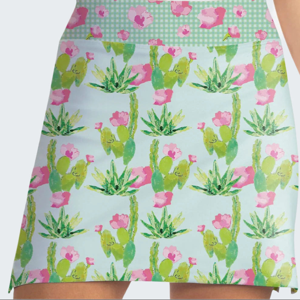 Skirt with cactus and flower pattern on a light blue background