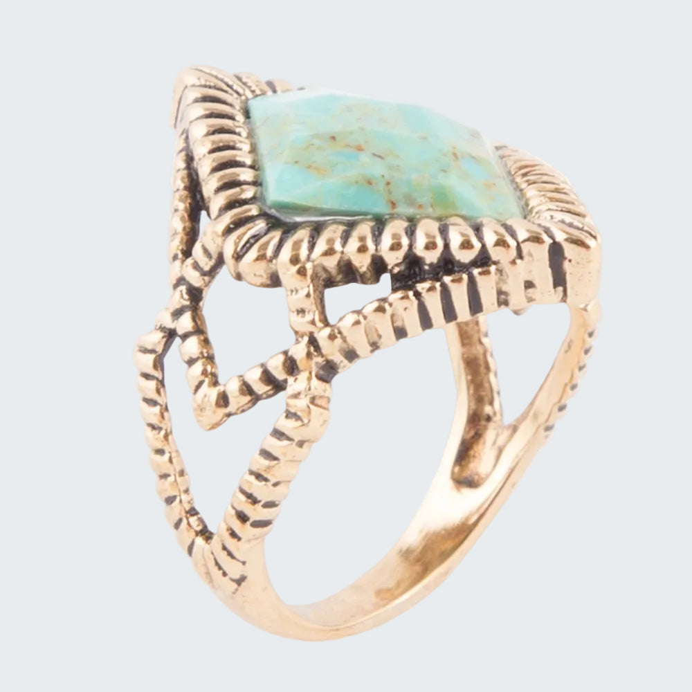 Gold ring with a turquoise stone on a white background