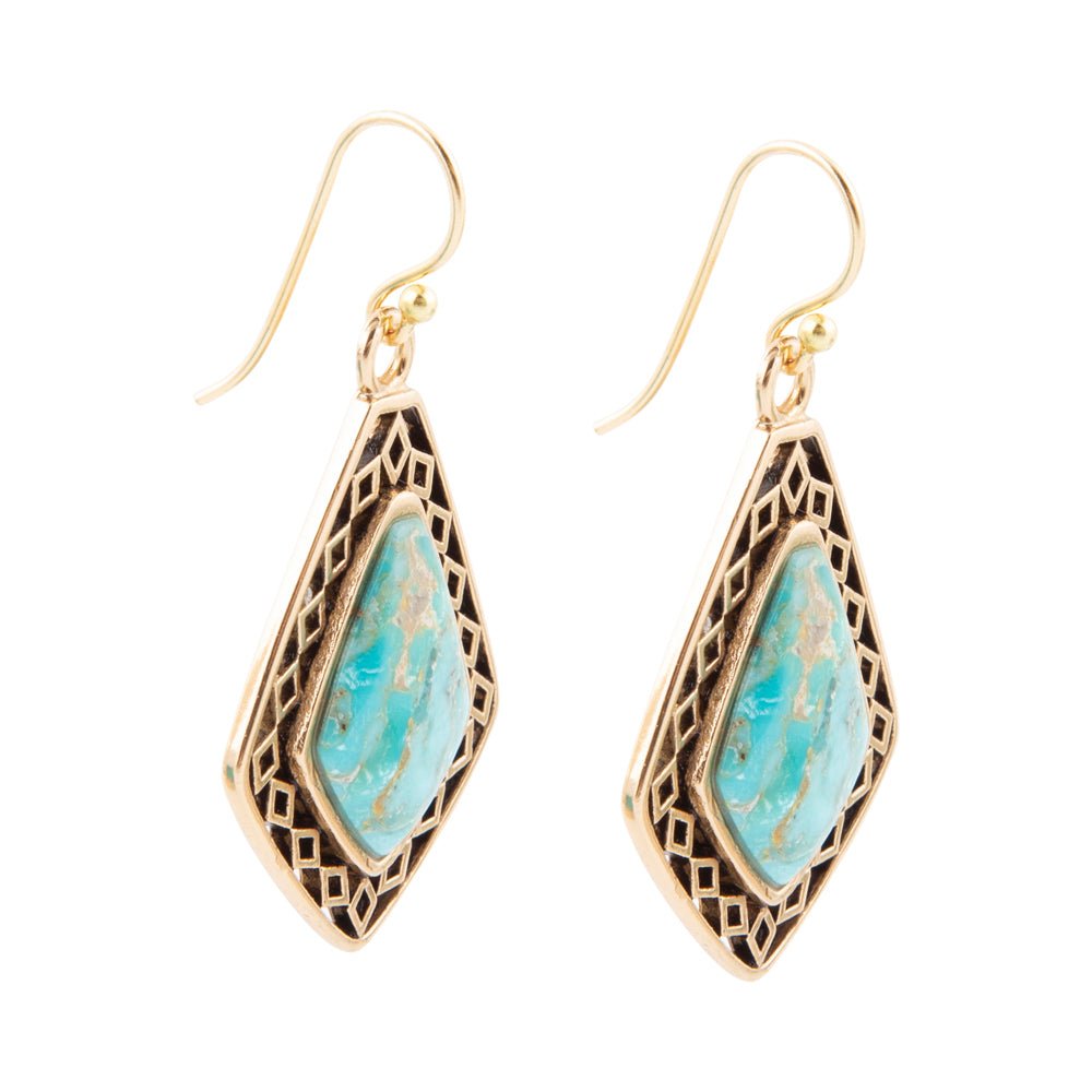 Gold-framed earrings with turquoise stones on a white background