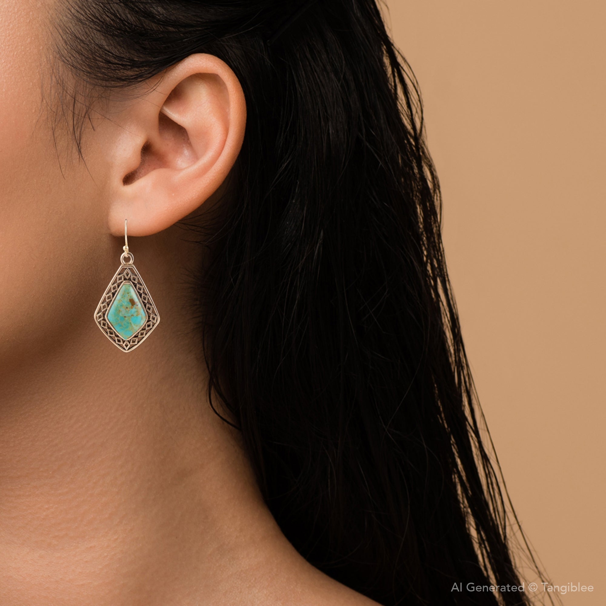 Close-up of an ear wearing a turquoise earring with a neutral background