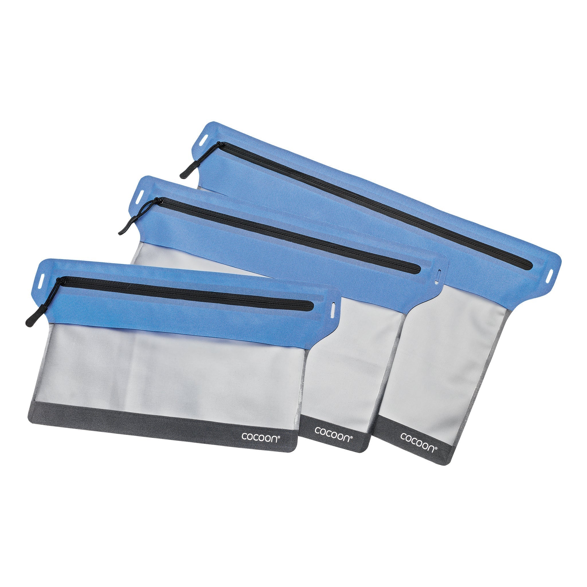 Set of three blue and gray zippered pouches with 'Cocoon' branding on a white background
