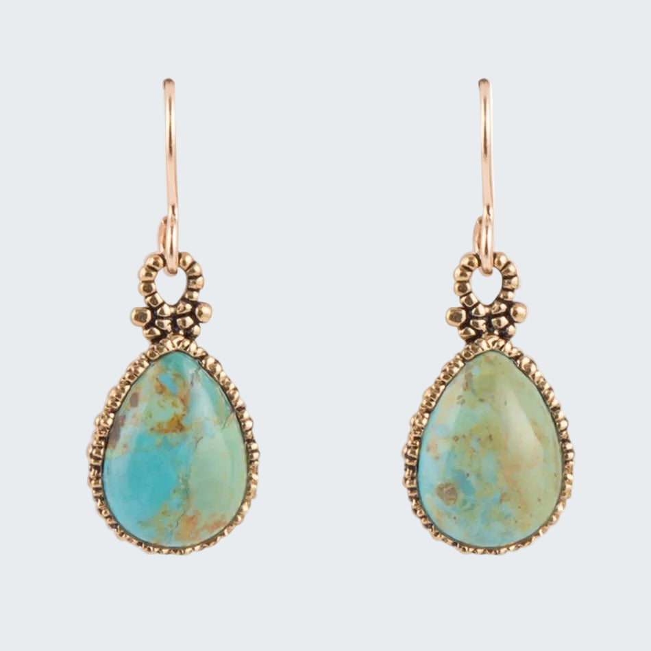 Teardrop-shaped turquoise earrings with gold accents on a white background
