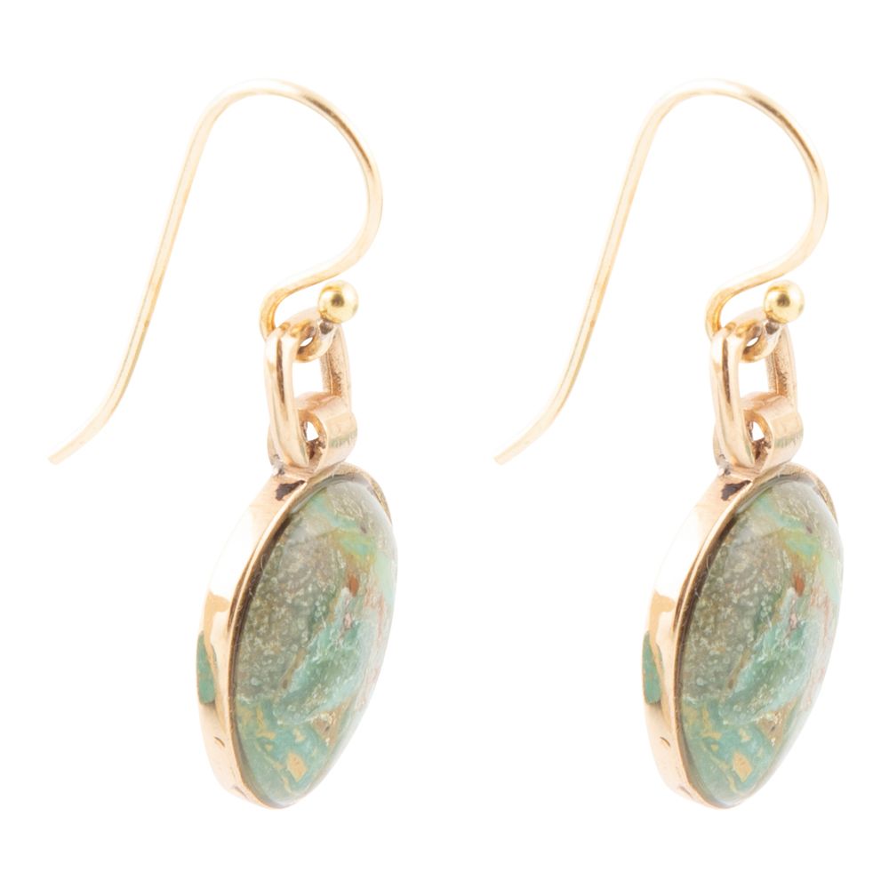 Gold earrings with green marbled stones on a white background