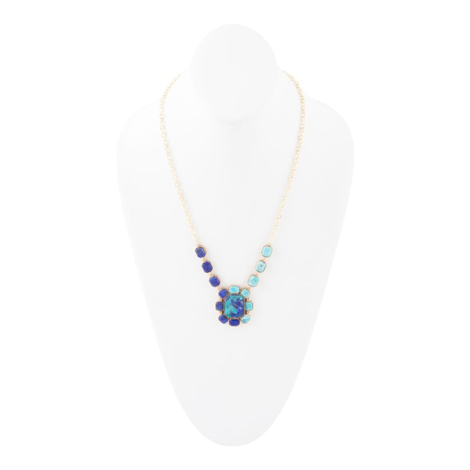 Necklace with blue and turquoise floral pendant on a white background