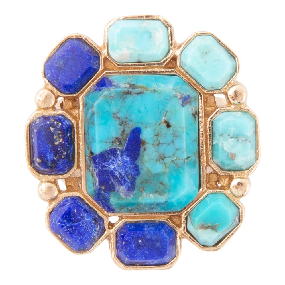 Ring with blue and turquoise stones on a white background
