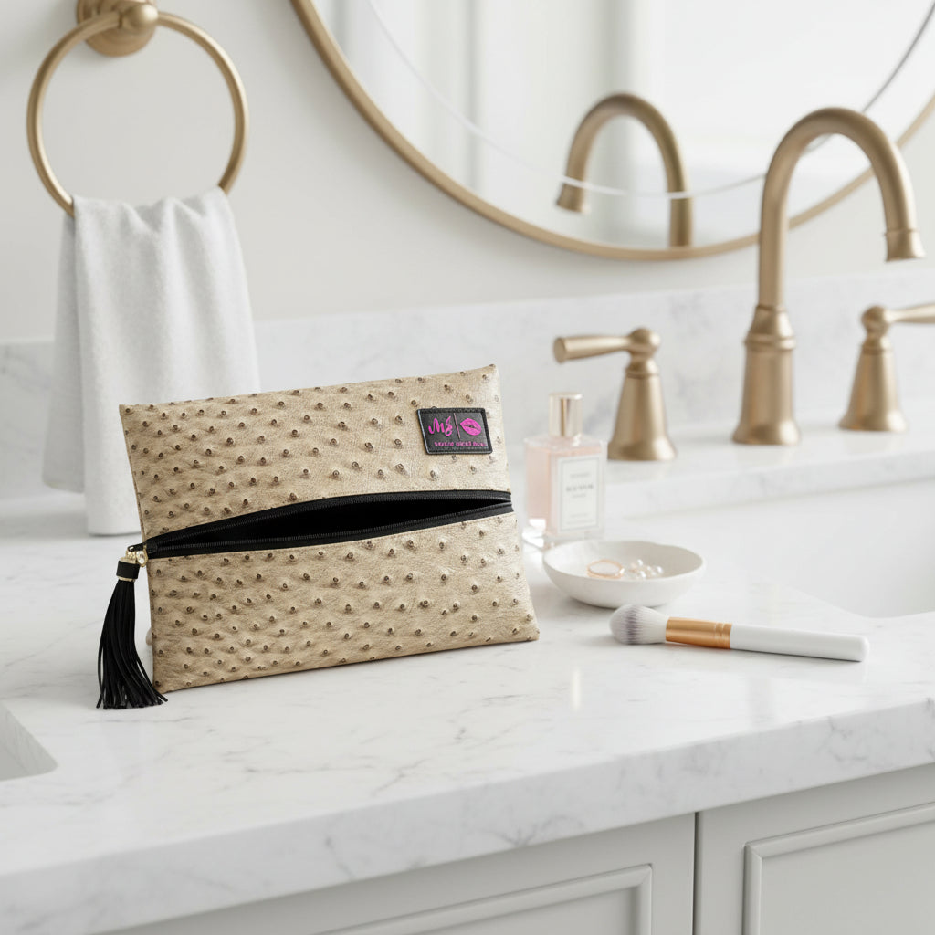 Beige clutch bag with black polka dot pattern and tassel on a light gray background
