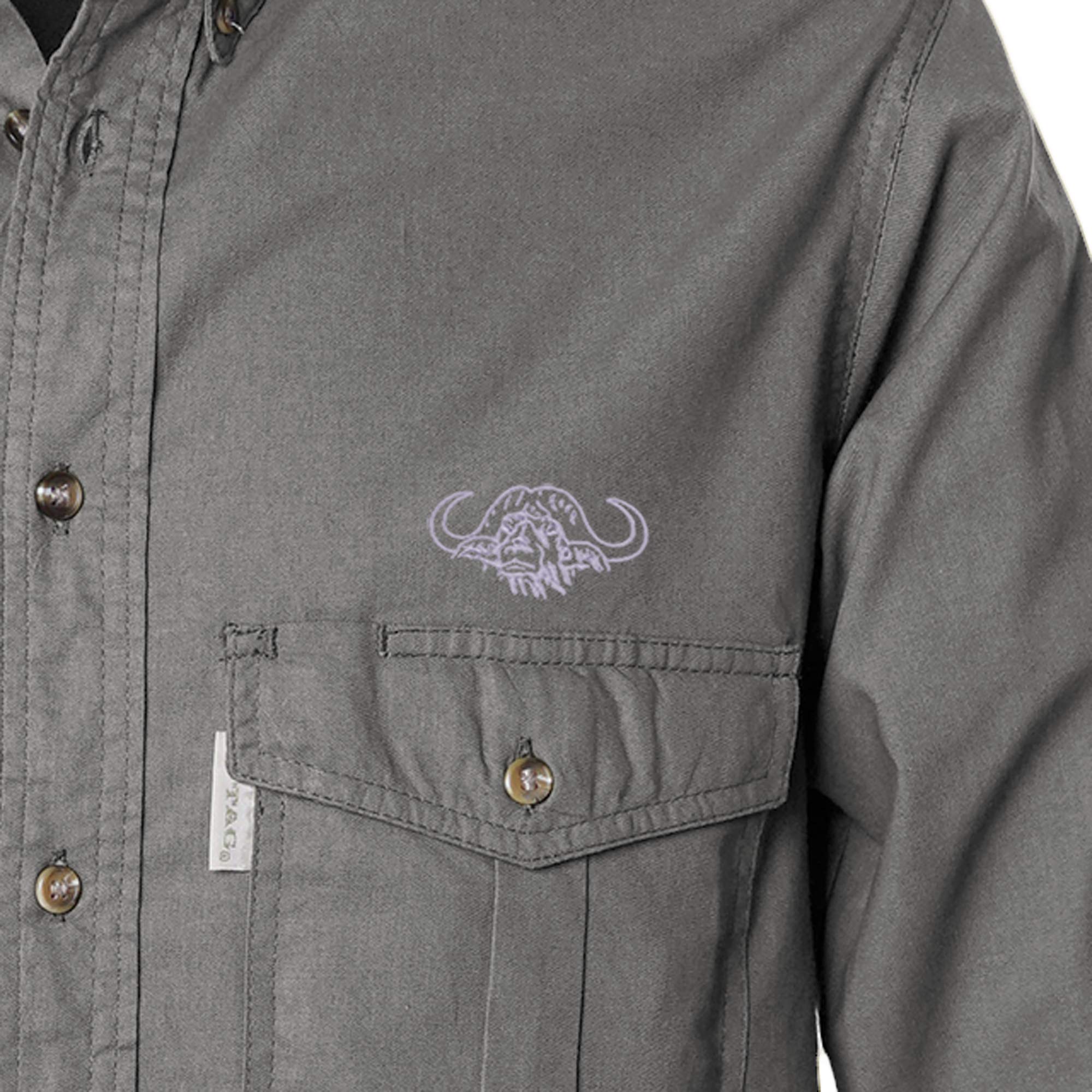 Gray shirt with a logo on the chest pocket against a white background