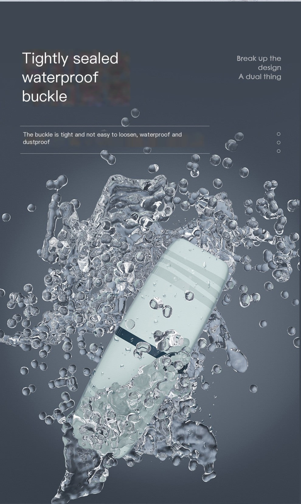 Product with a waterproof buckle surrounded by water droplets on a dark background