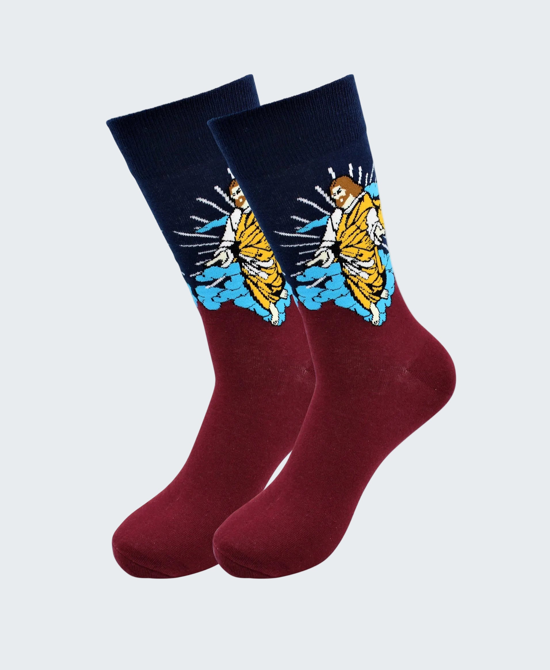 Maroon socks with a graphic design of a person holding a tiger on a white background