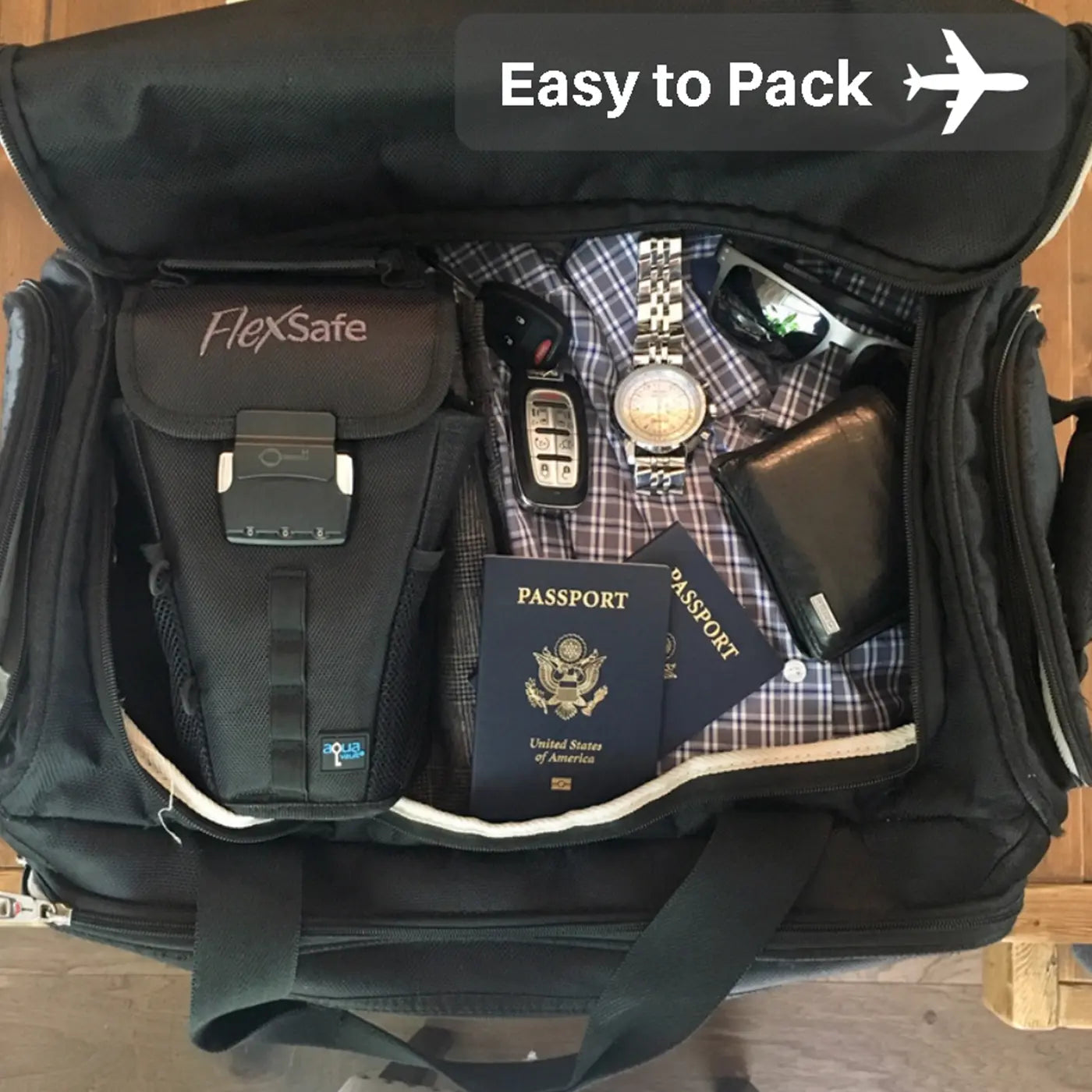 Open backpack with travel items including a FlexSafe device, passports, and a watch.