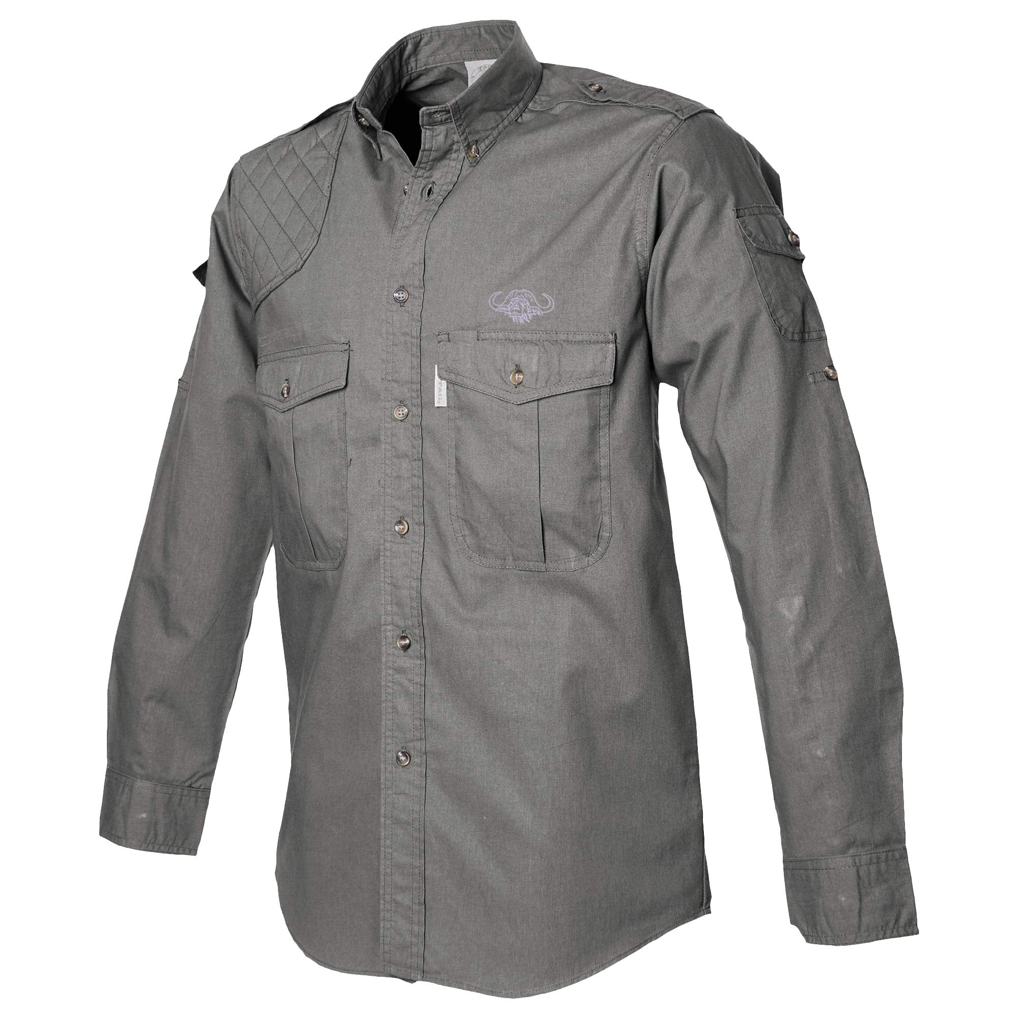 Gray shirt with a brand logo on a white background