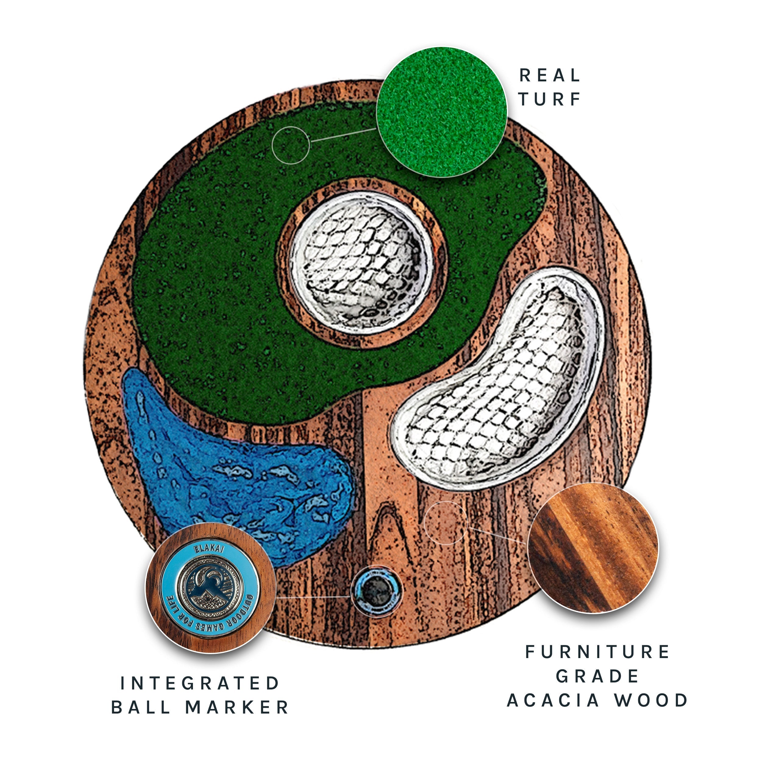 Golf-themed product with wooden design, golf ball, and ball marker on a white background