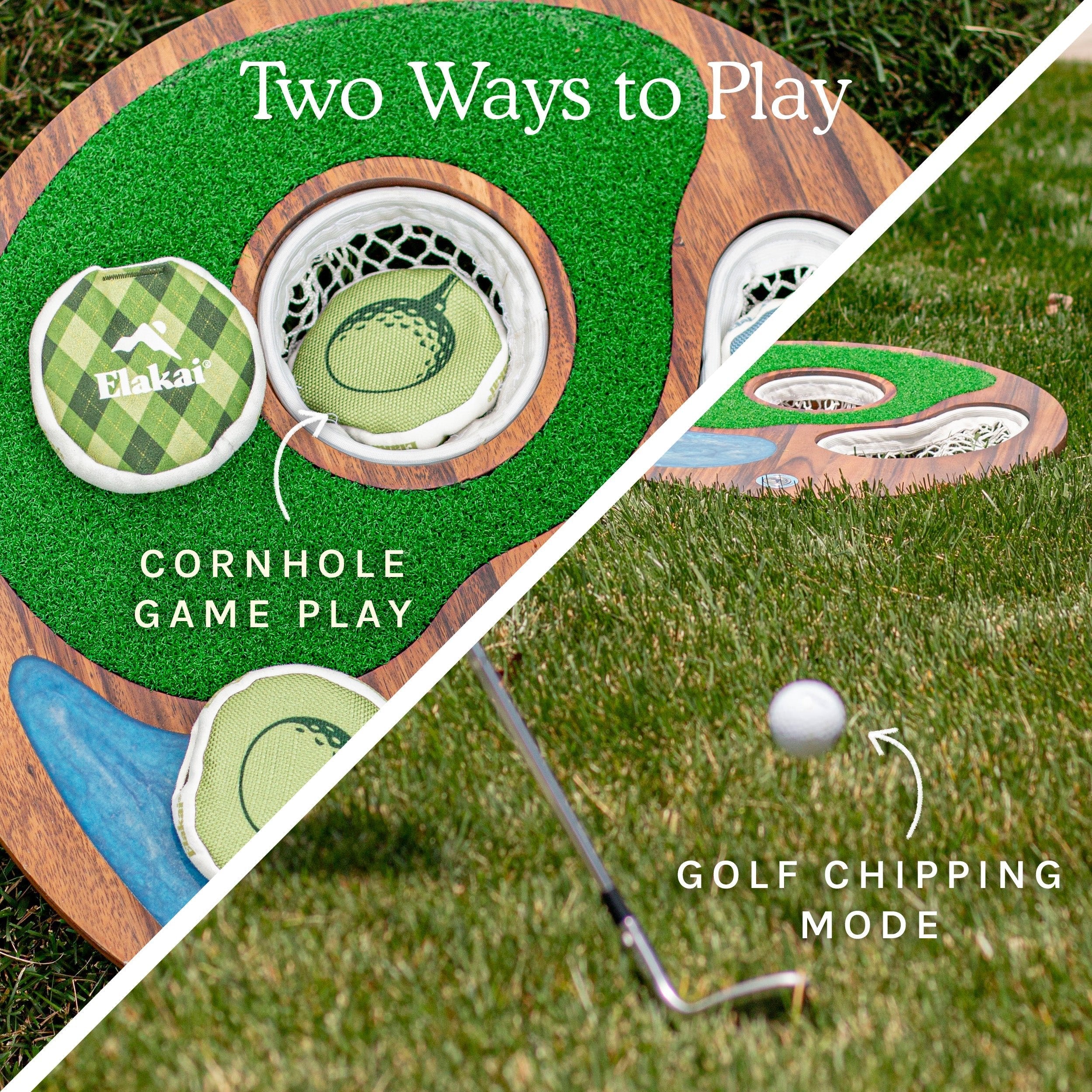 Cornhole game with golfing mode on a grassy background