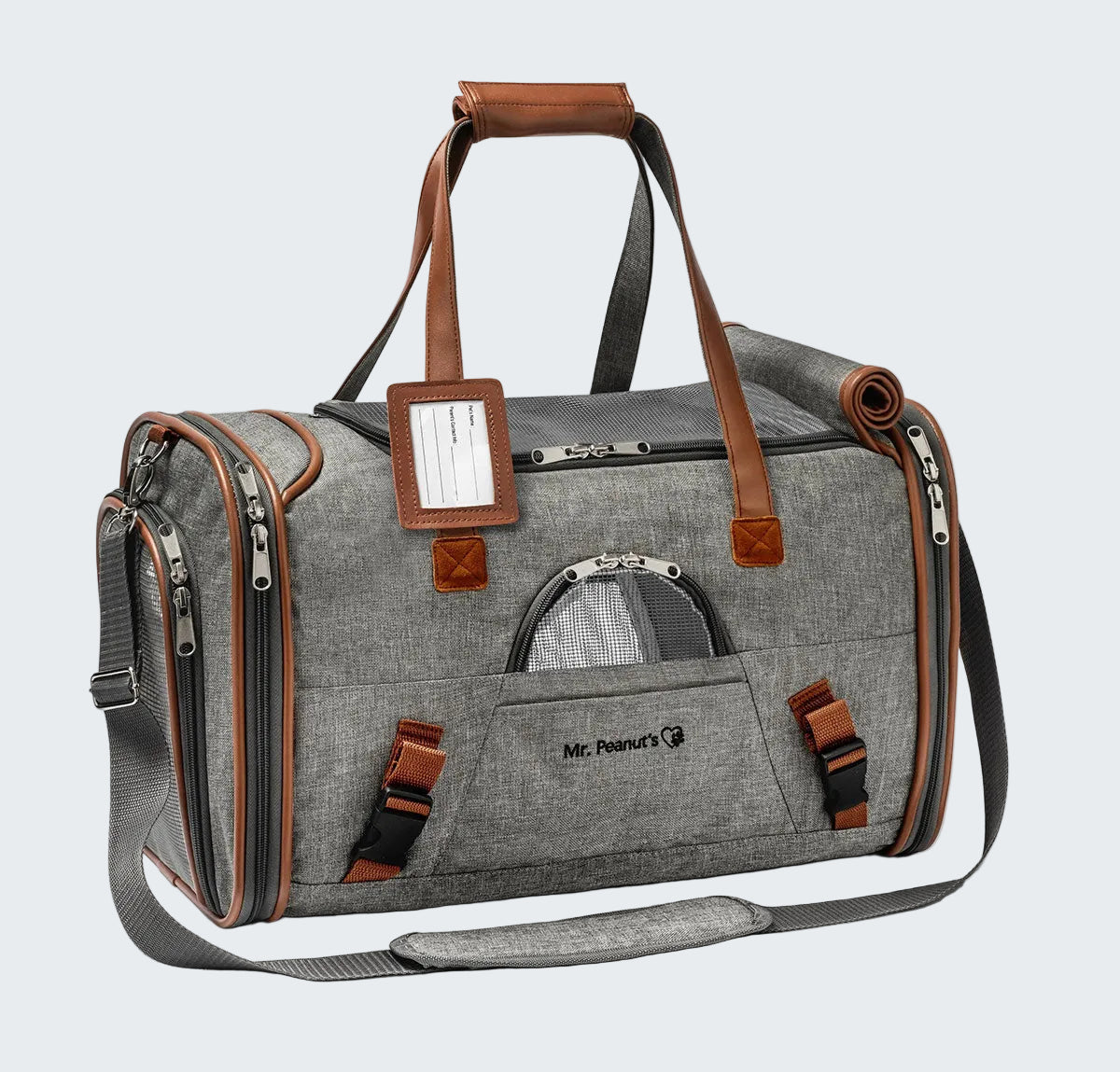 Gray pet carrier with brown straps and a visible brand logo on a white background