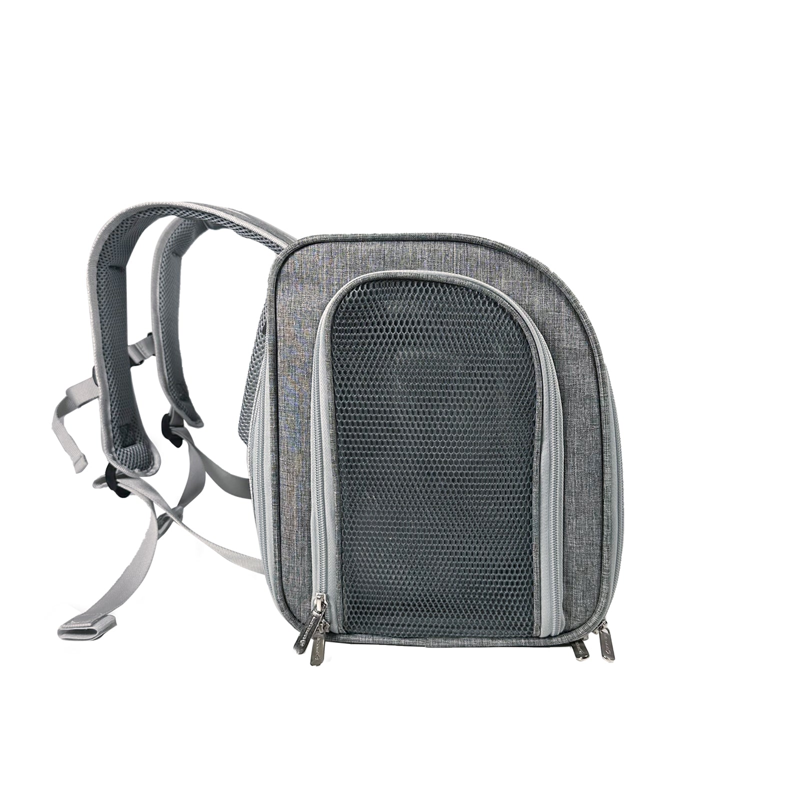 Gray backpack with mesh side pocket on a white background
