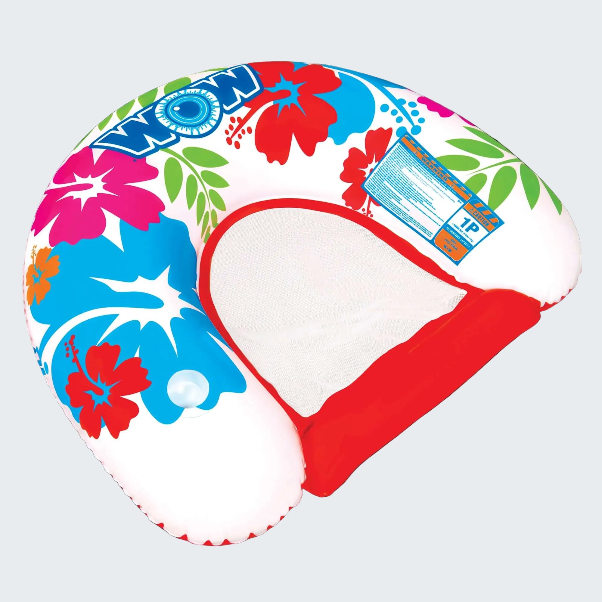 Colorful inflatable pool float with floral design on a black background