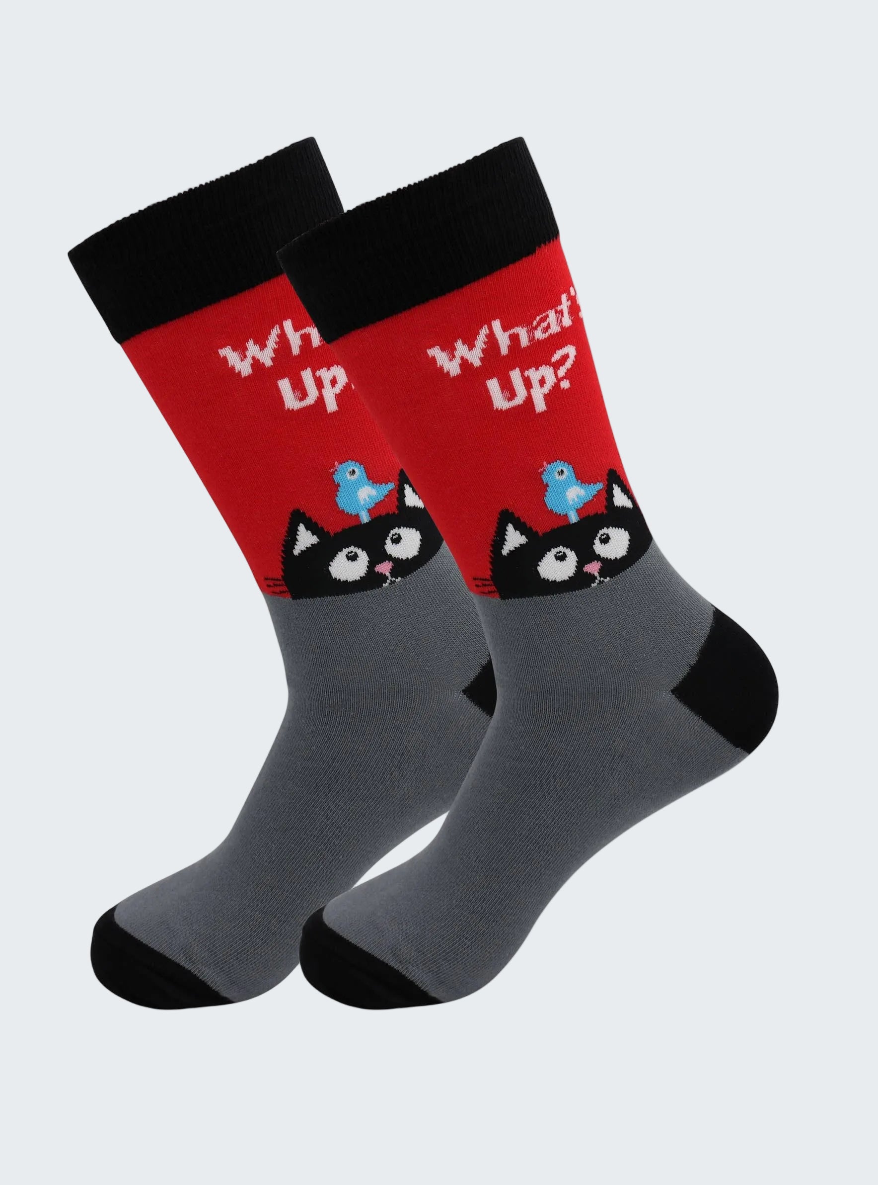 Two socks with a cat design and 'What up?' text on a white background
