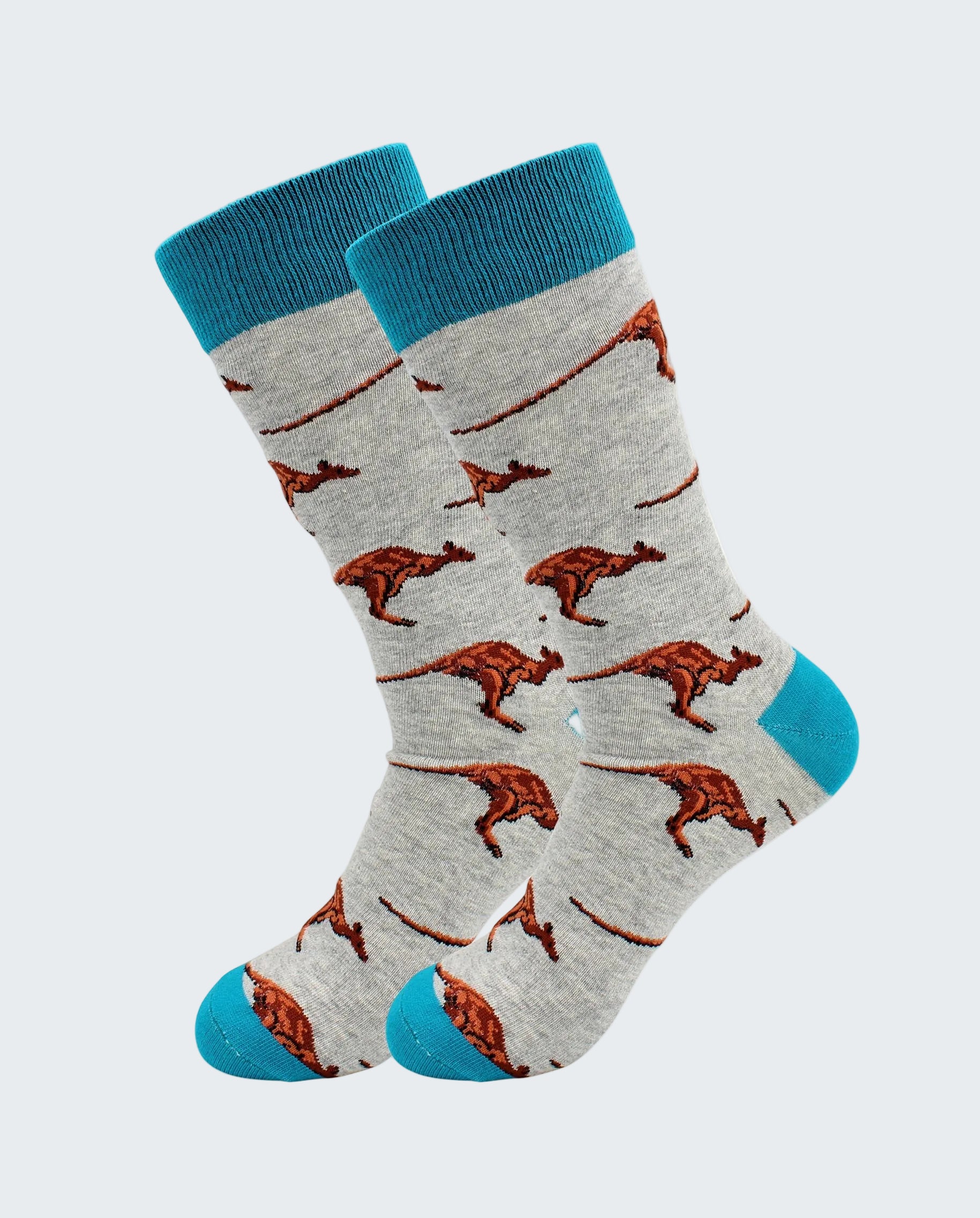 Gray socks with brown kangaroo pattern and blue accents on a white background