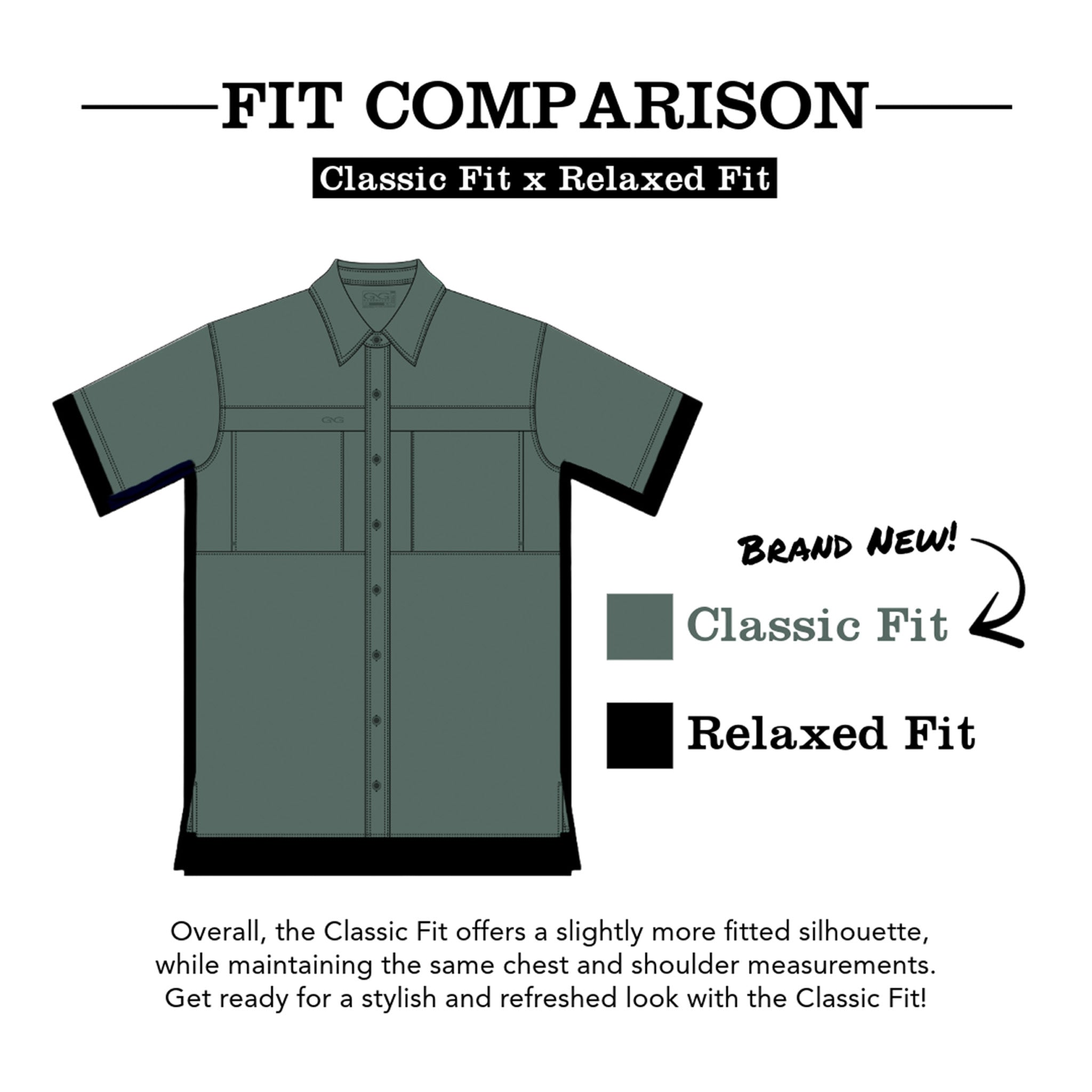 Comparison chart of classic fit and relaxed fit shirt designs on a white background.