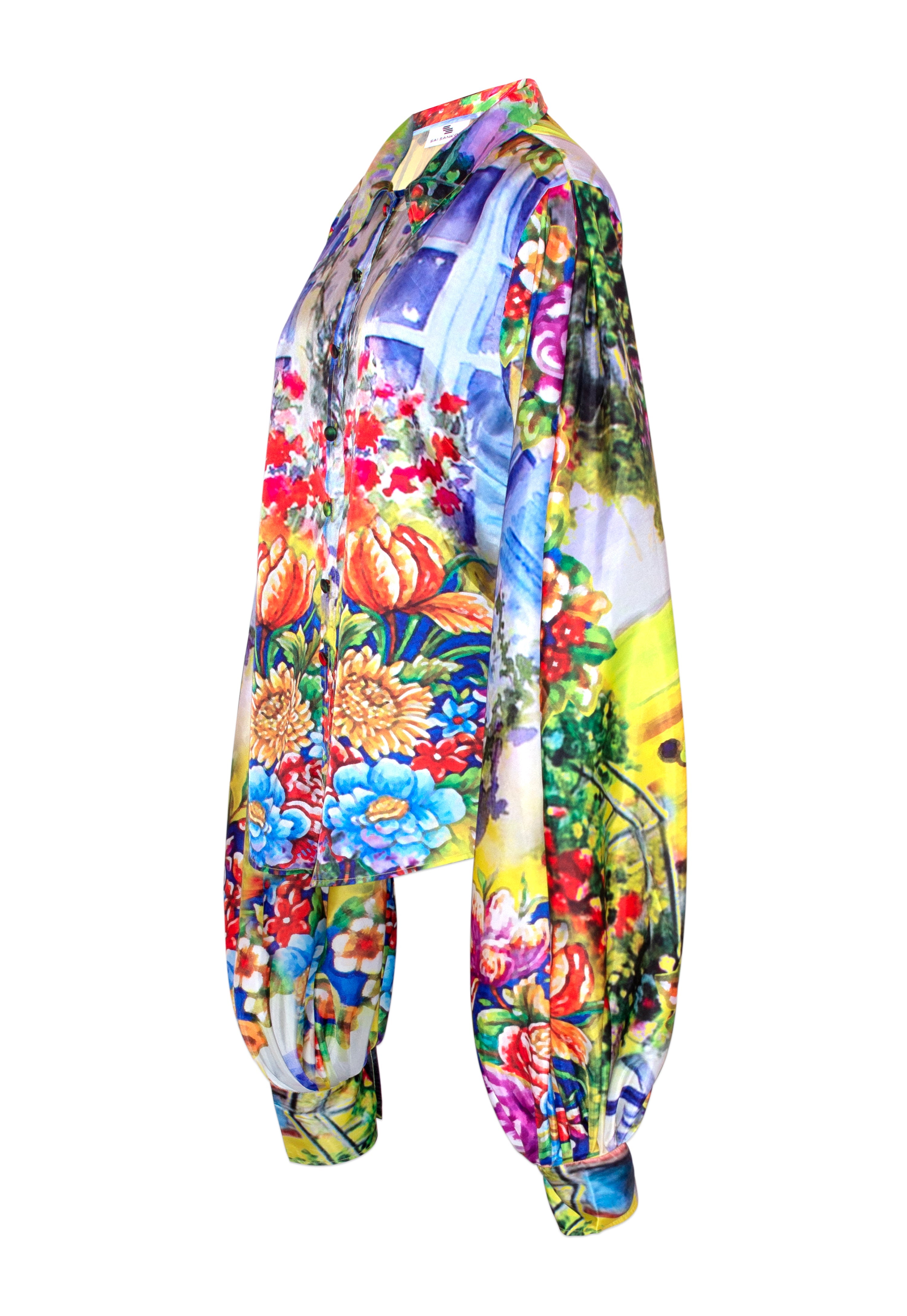 Colorful floral and nature-themed sweatshirt on a white background