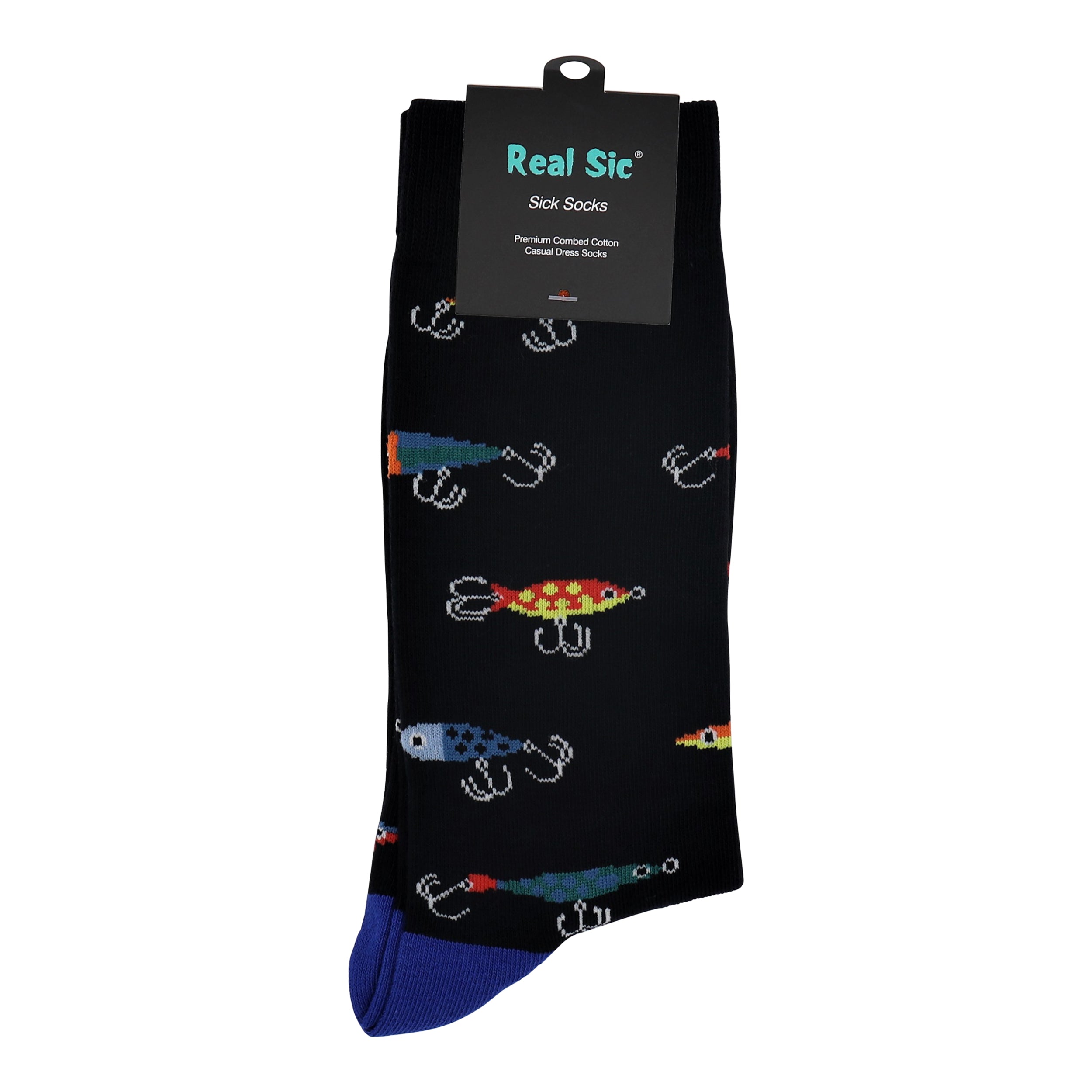 Black sock with colorful lure pattern and blue heel, displayed with packaging on a white background.