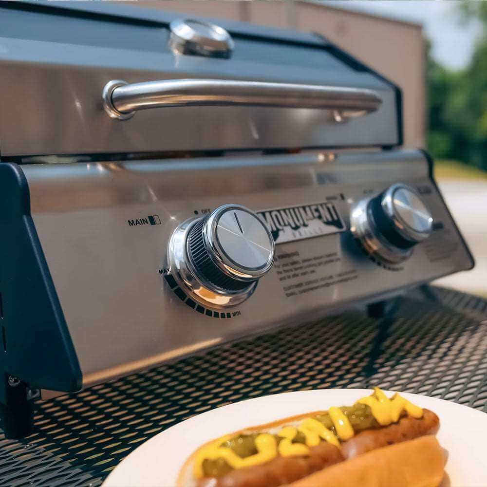 Hot dog with mustard and relish on a plate in front of a barbecue grill