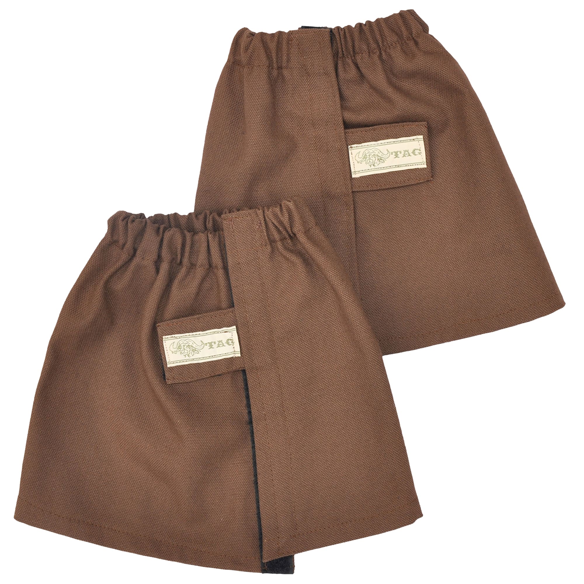 Two brown aprons with a brand label on a white background