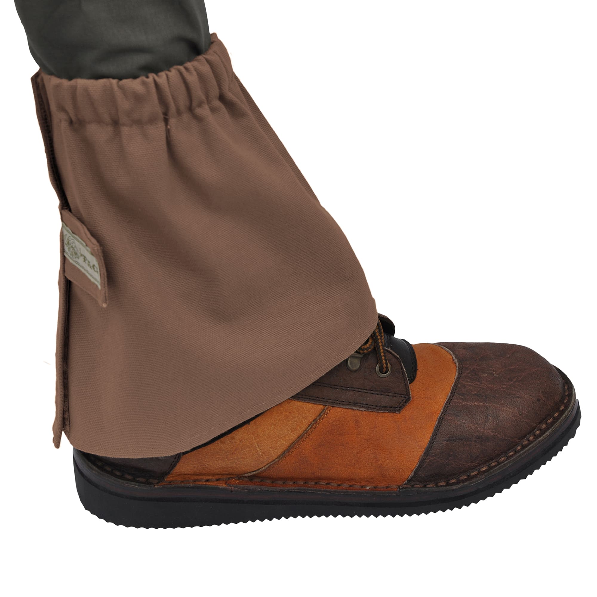 Brown gaiter over a brown and black boot on a white background