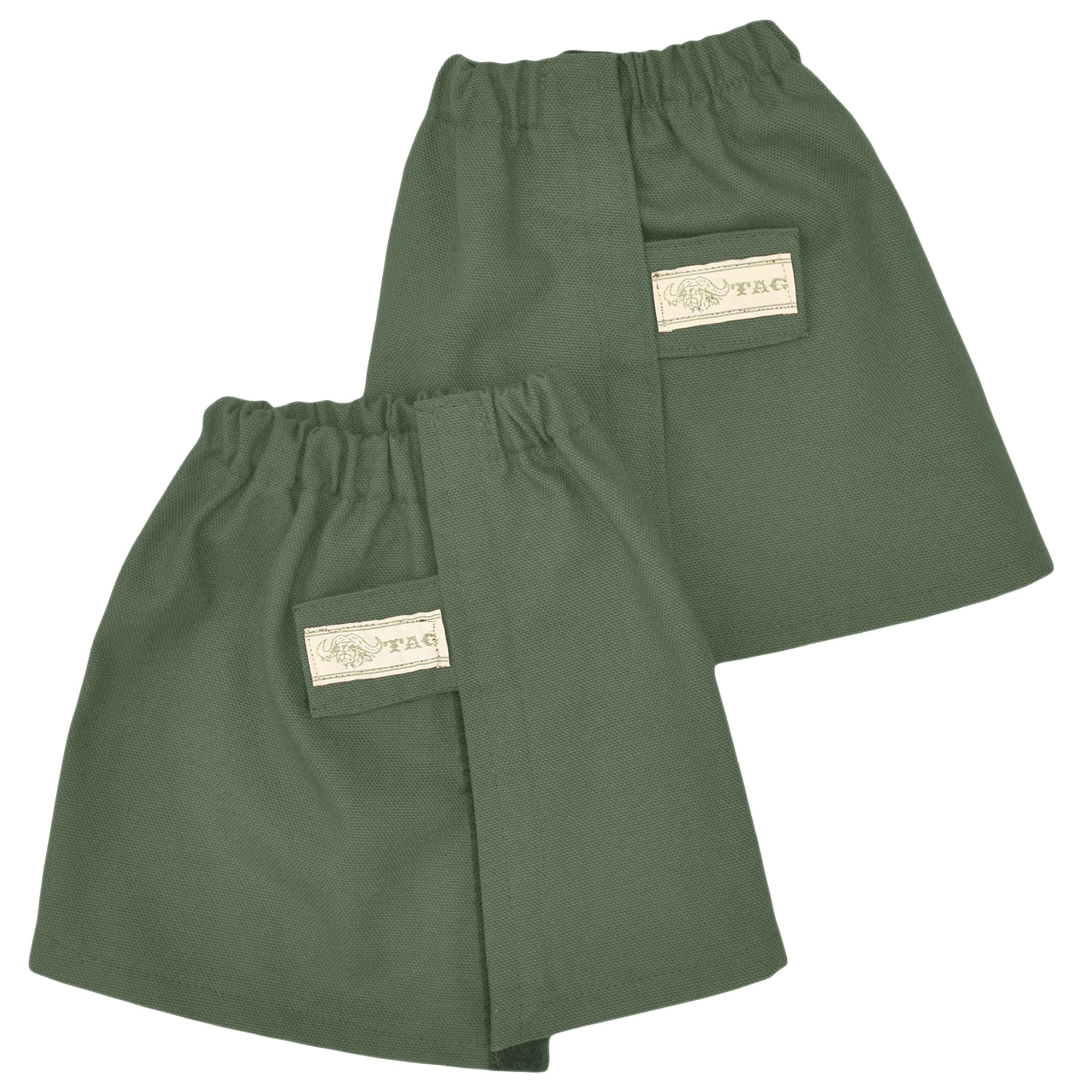Green aprons with a brand label on a white background
