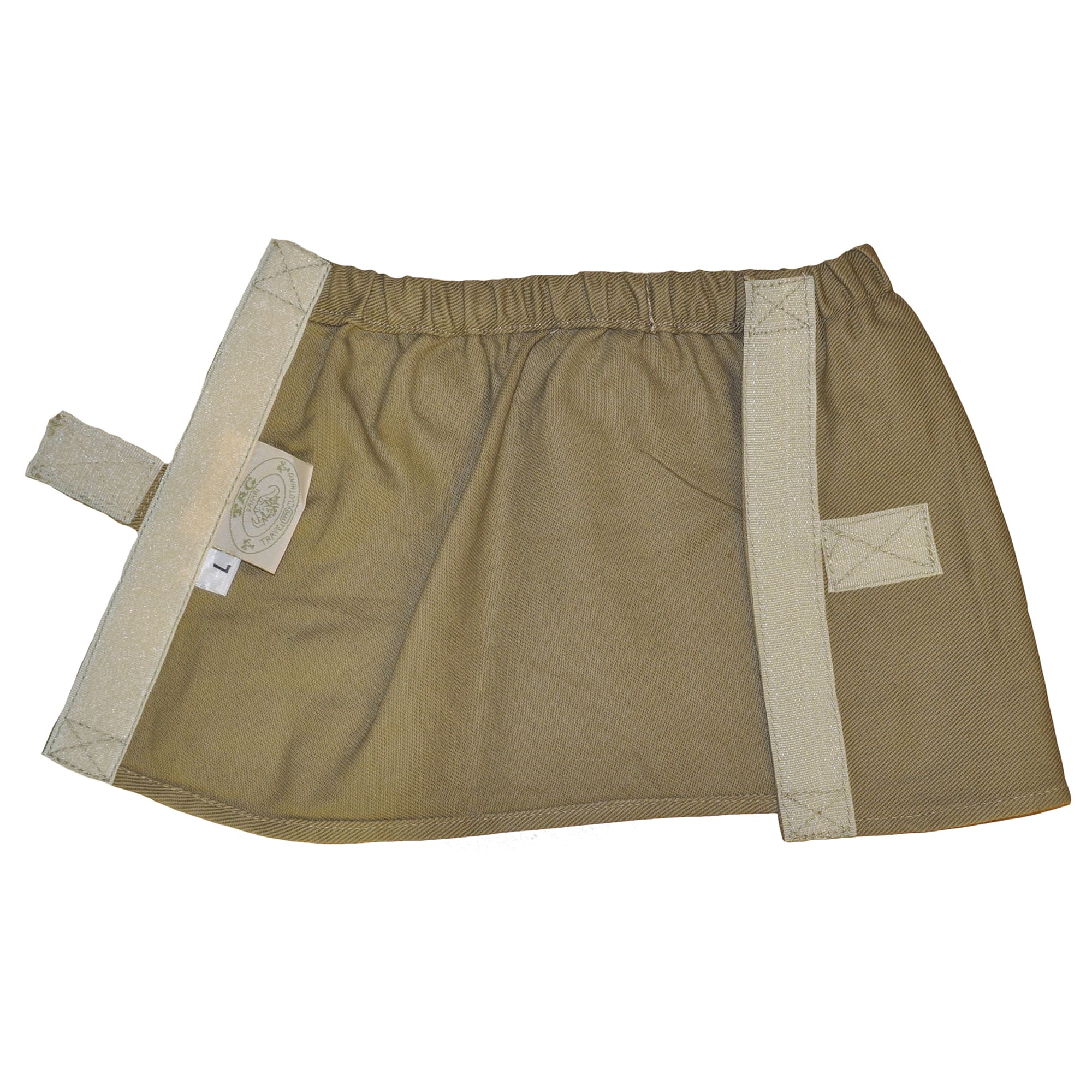 Khaki apron with white accents on a white background