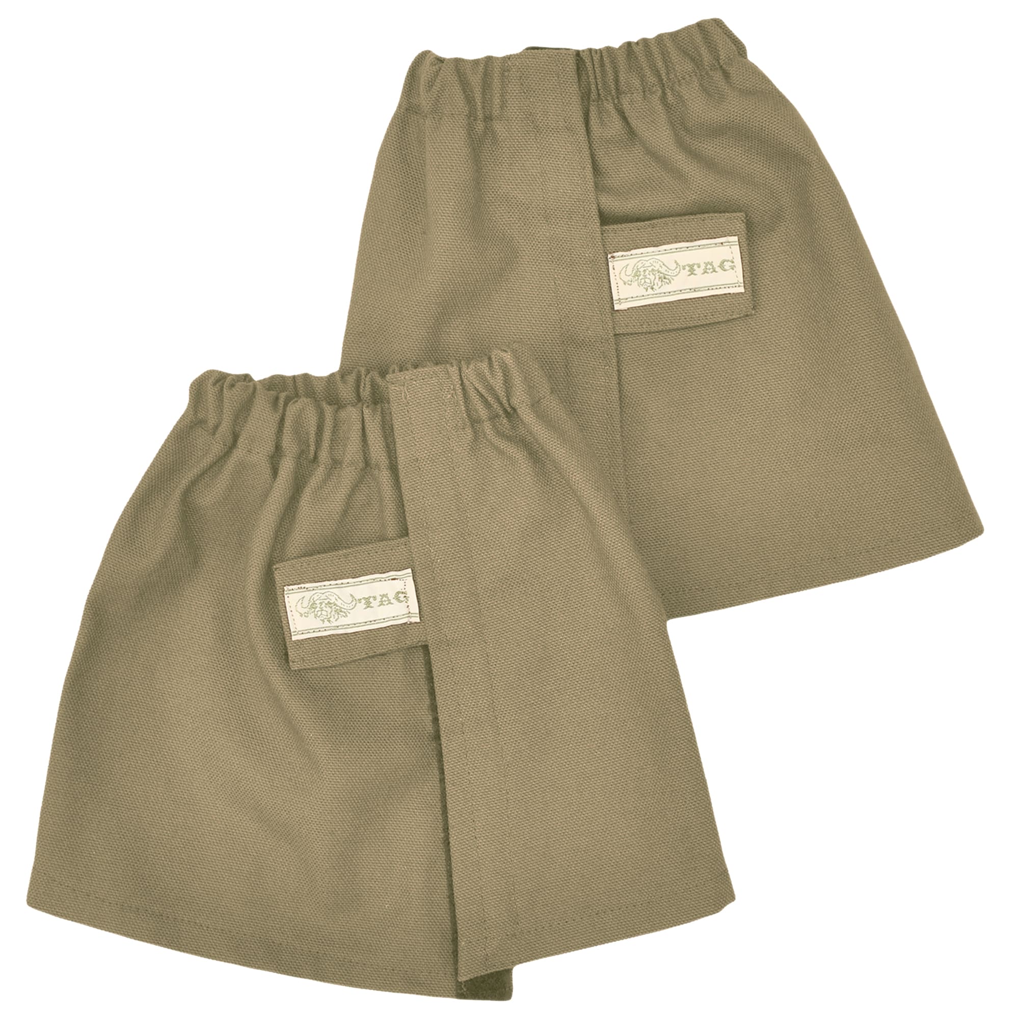 Two pairs of green shorts with brand labels on a white background