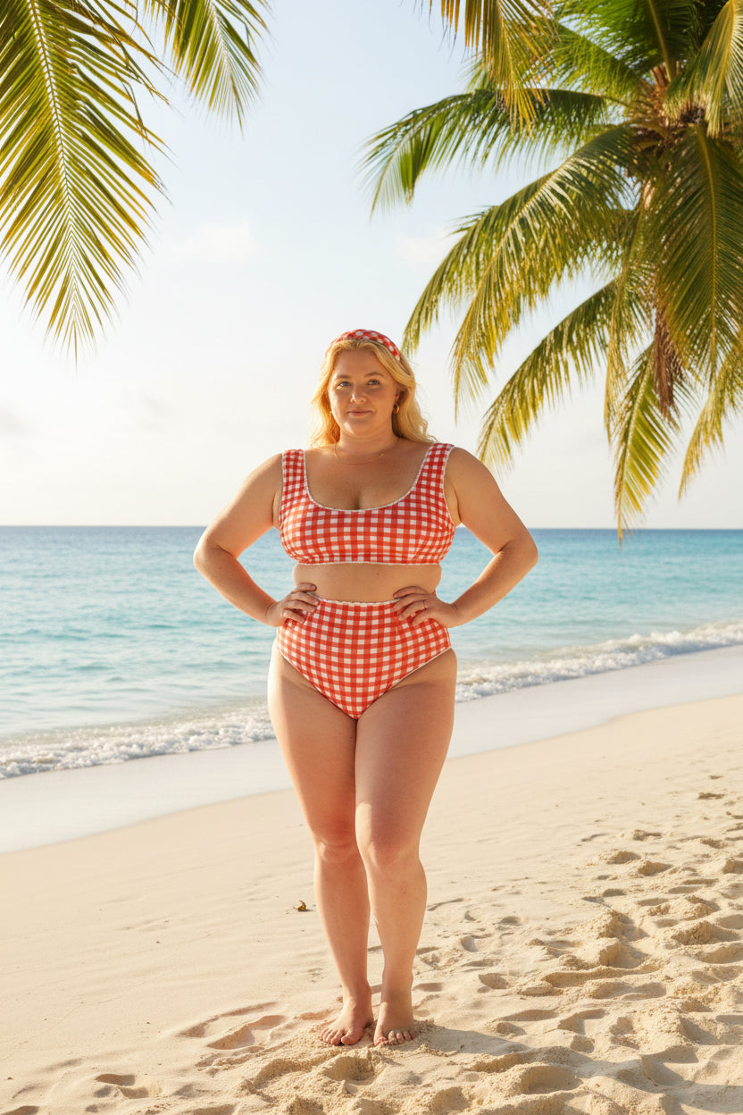 Woman wearing a red and white checkered swimsuit on a white background