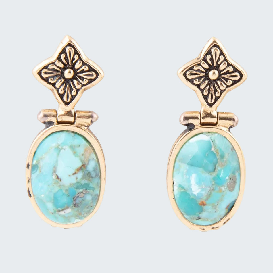 Pair of earrings with turquoise stones and gold accents on a white background
