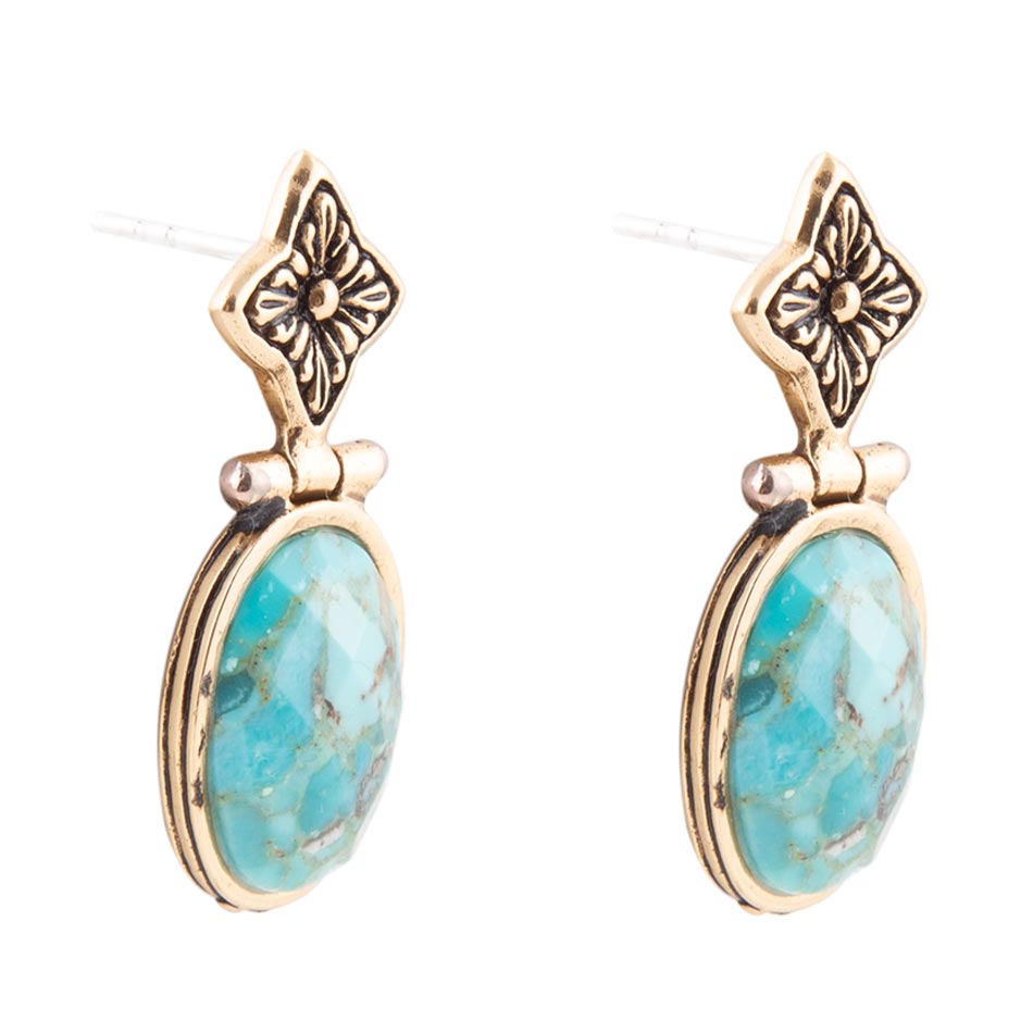 Pair of earrings with turquoise stones and gold accents on a white background