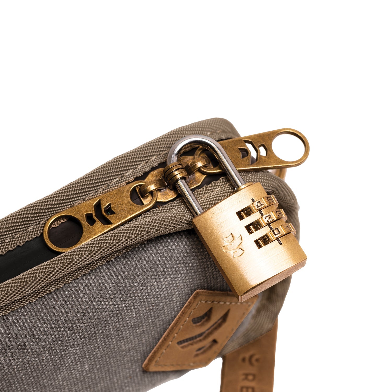 Gray bag with a gold padlock on a white background