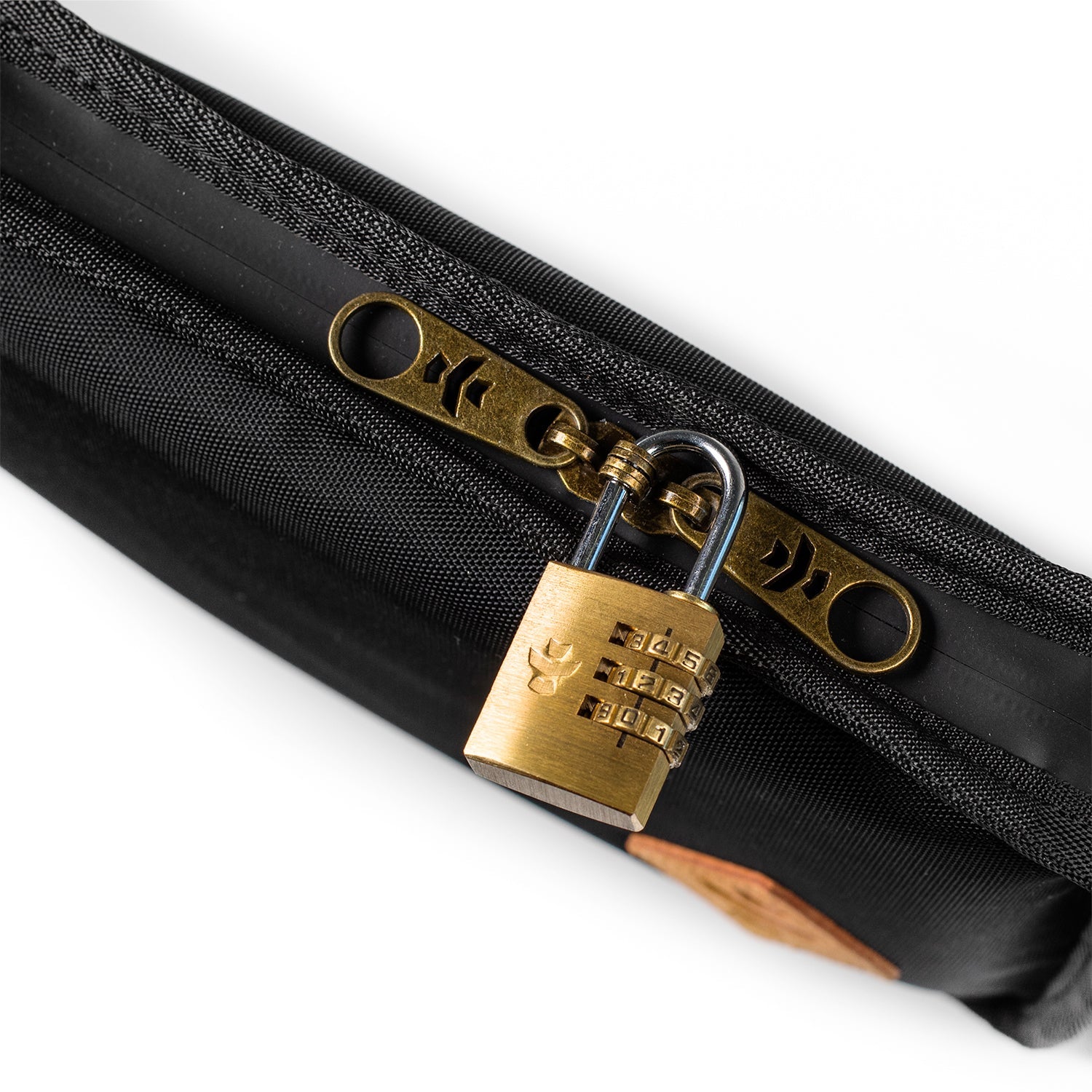 Black bag with a gold padlock on a white background