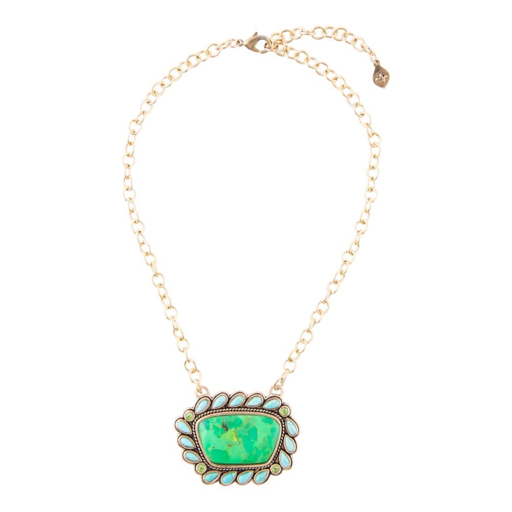 Necklace with a green pendant on a white background