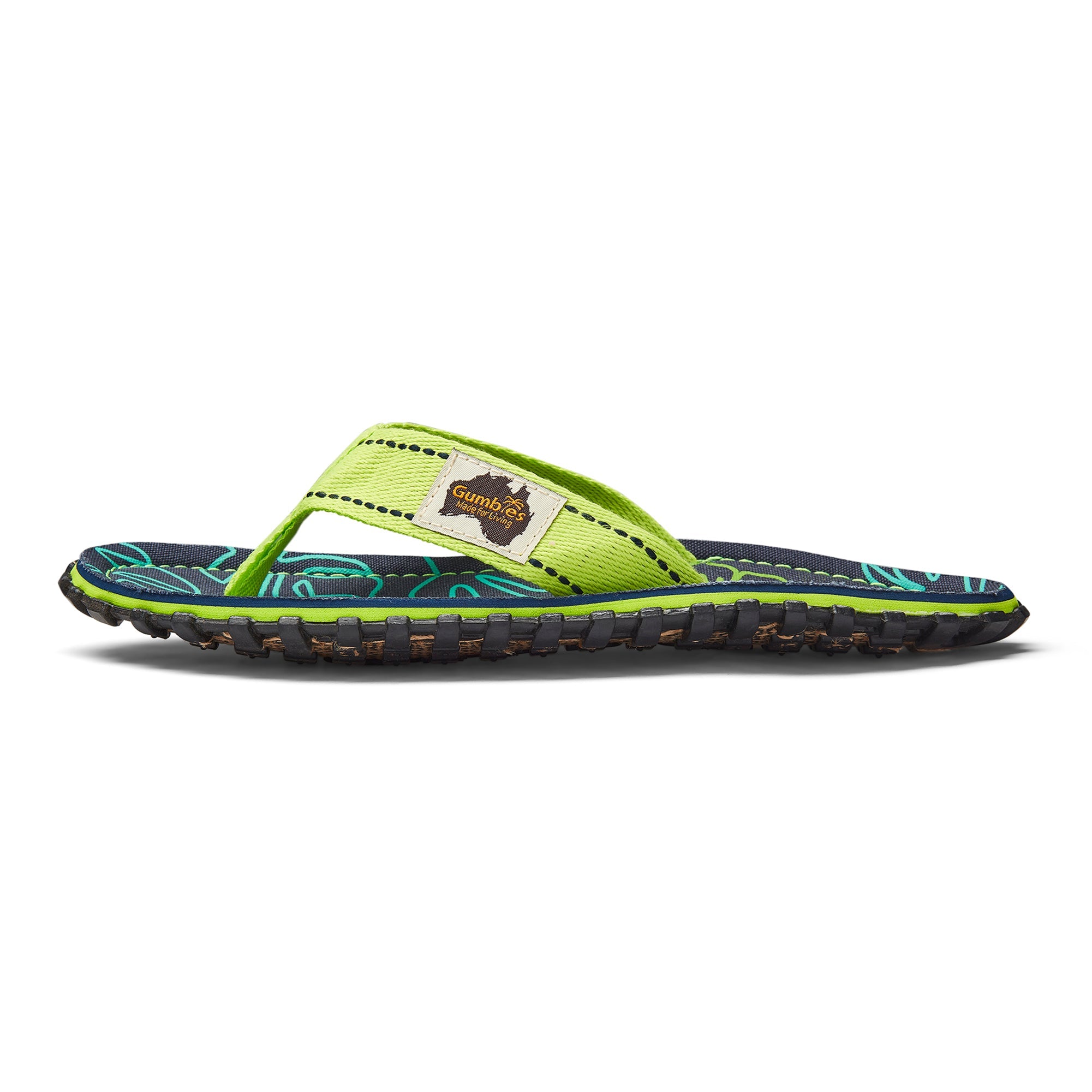 Green sandal with a brand logo on a white background