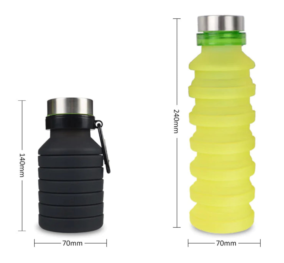 Two collapsible water bottles, one black and one yellow, with measurements indicated on a white background.